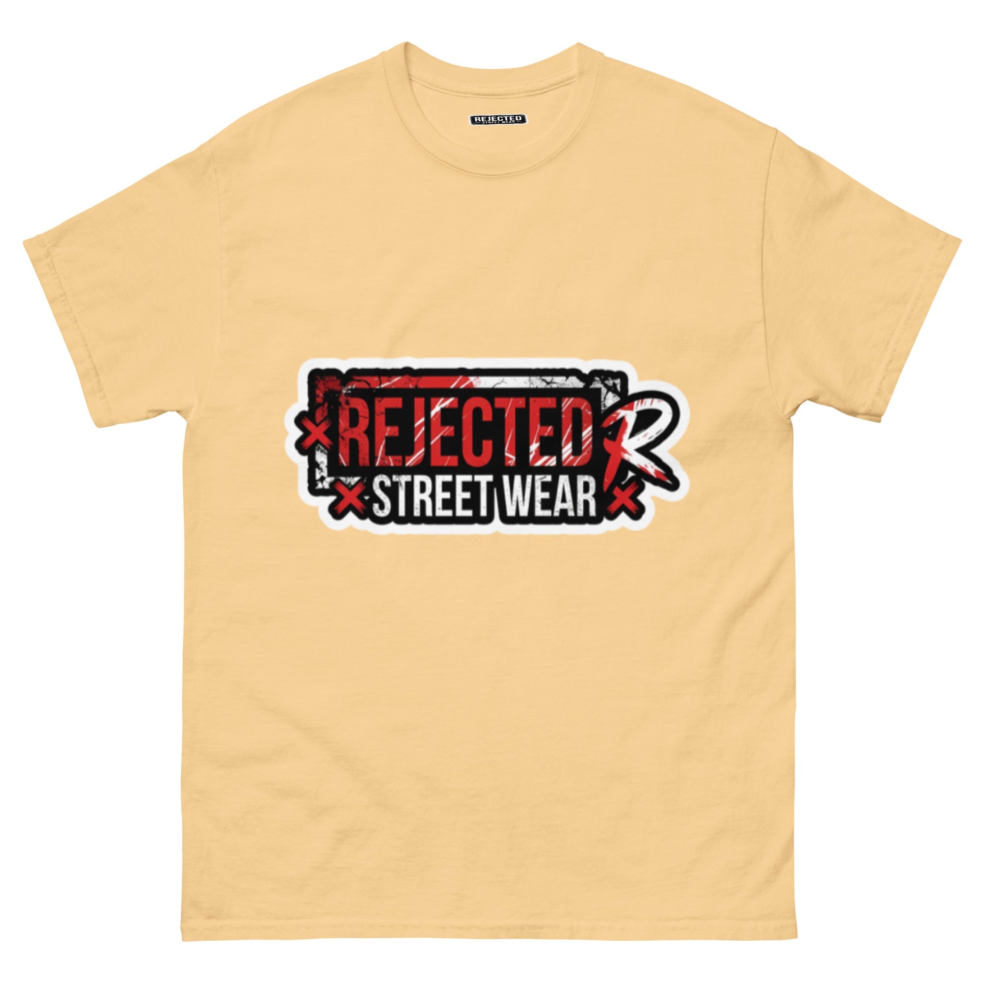 Rejected Street Wear red box logo tee — red-framed REJECTED STREET WEAR stamp with corner x marks and a red slash