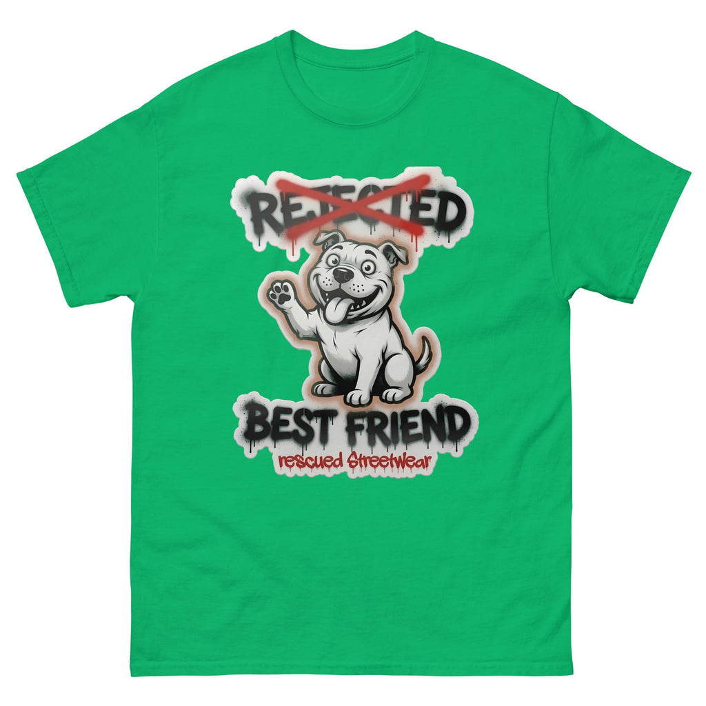 Best Friend pit bull tee — white bully pup waving a paw with REJECTED crossed out in red and BEST FRIEND sprayed below