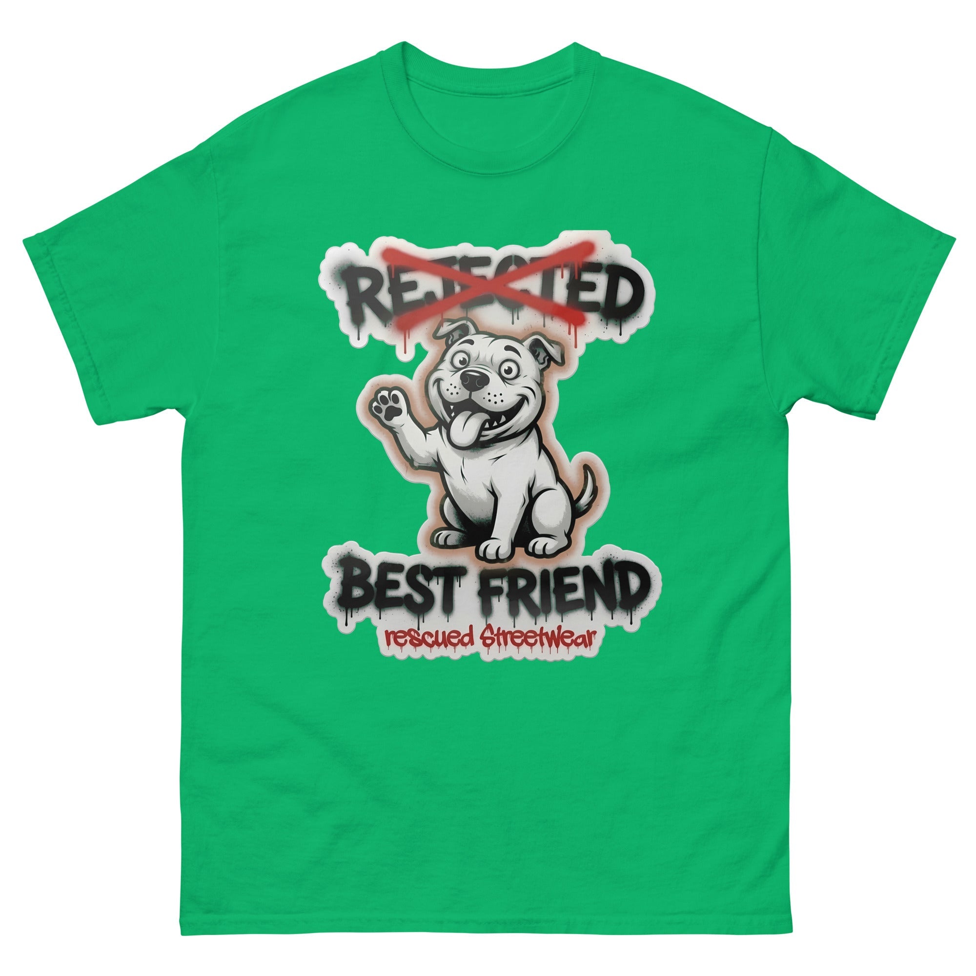 Best Friend pit bull tee — white bully pup waving a paw with REJECTED crossed out in red and BEST FRIEND sprayed below