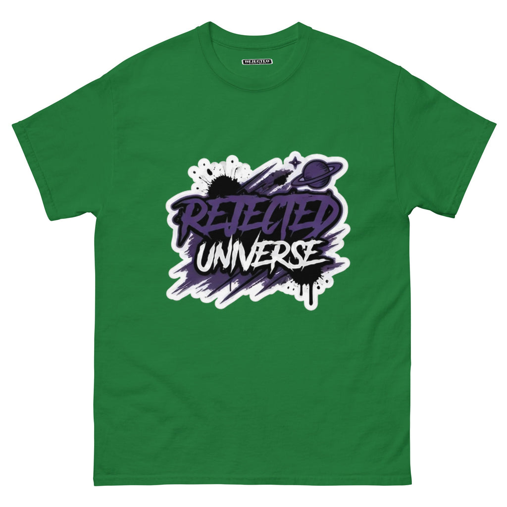 Rejected Universe logo tee in purple — leaning graffiti tag with an orbiting planet and spray splatter