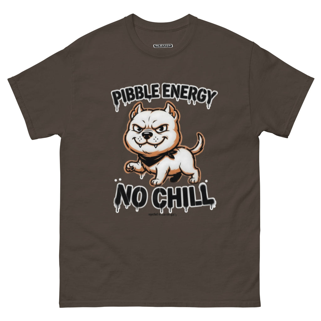 Pibble Energy No Chill tee — grinning bully pup at a dead sprint under graffiti lettering