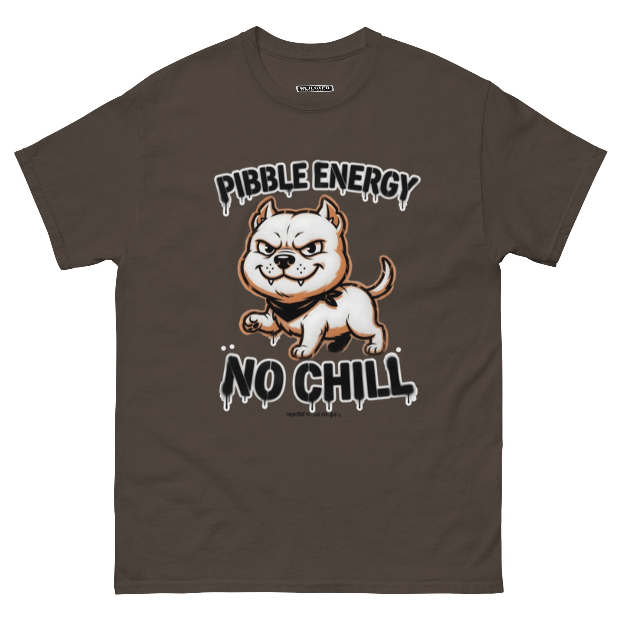 Pibble Energy No Chill tee — grinning bully pup at a dead sprint under graffiti lettering