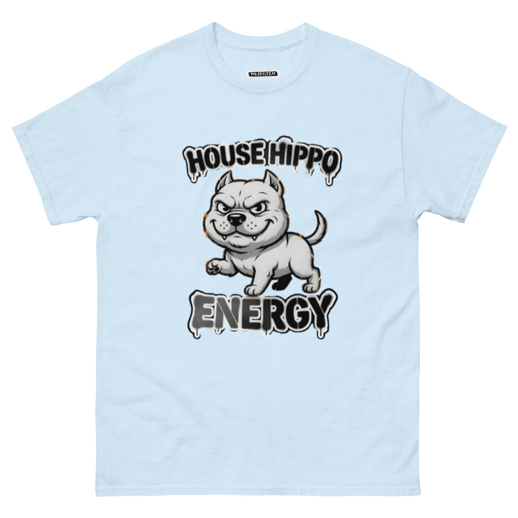 House Hippo Energy tee — stocky bully dog mid-stomp under drippy graffiti lettering