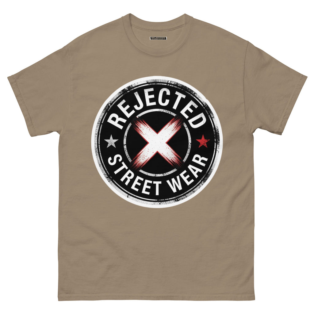 Rejected Street Wear barbed wire seal tee — distressed circular badge with REJECTED arched over a red and white brushed X
