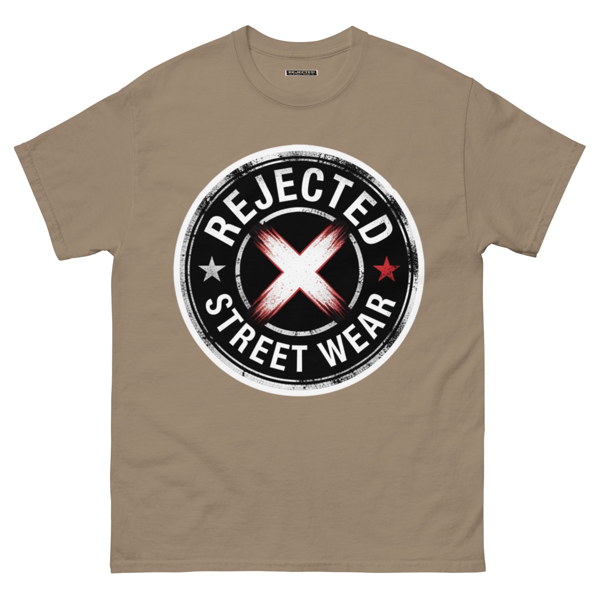 Rejected Street Wear barbed wire seal tee — distressed circular badge with REJECTED arched over a red and white brushed X