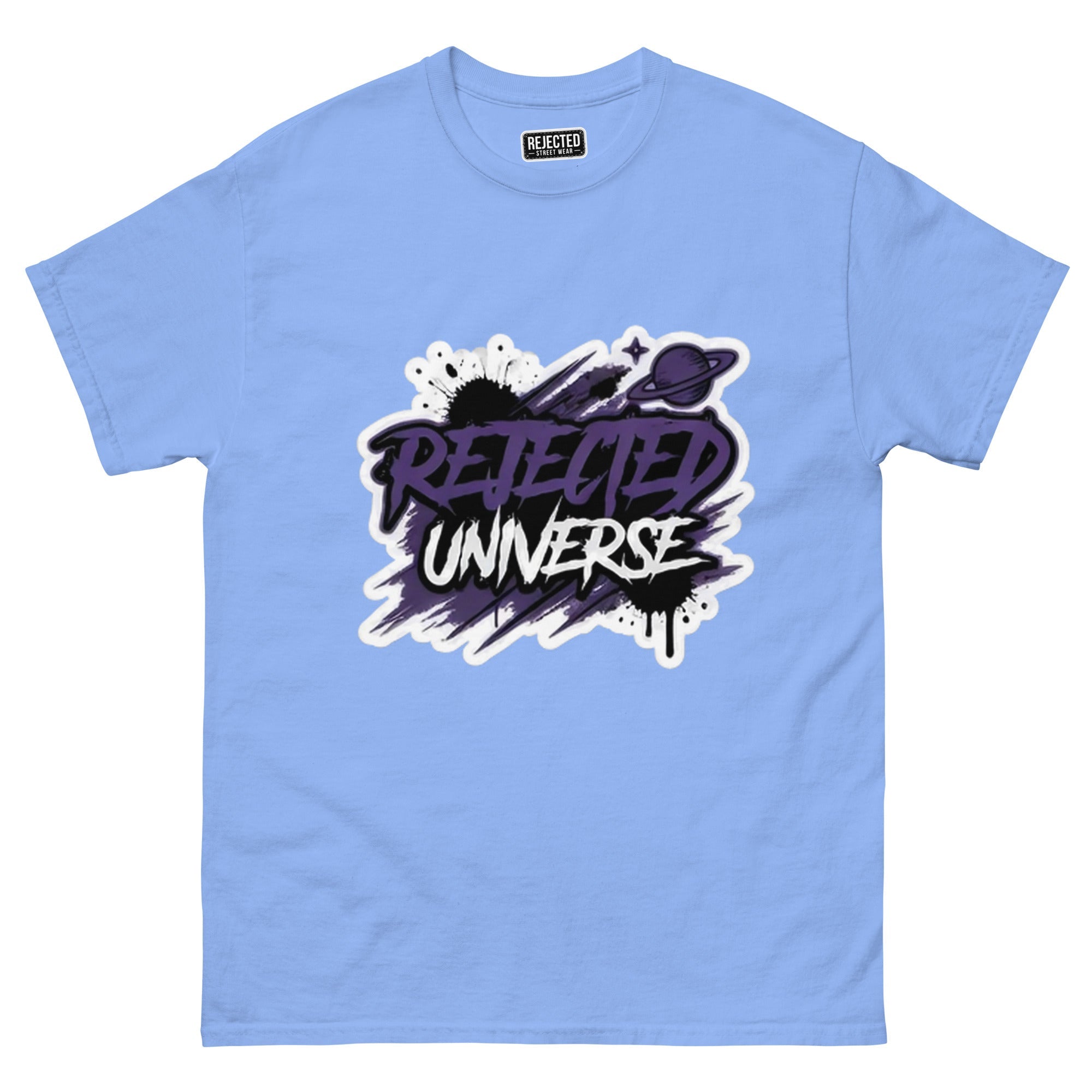 Rejected Universe logo tee in purple — leaning graffiti tag with an orbiting planet and spray splatter