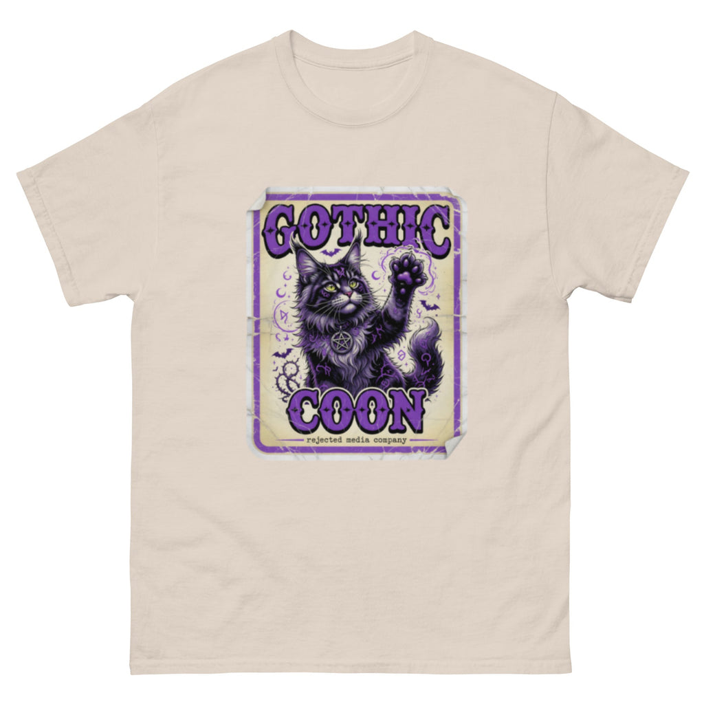 Gothic Coon tee — purple and black Maine Coon cat with a pentacle collar and one paw raised, vintage poster frame