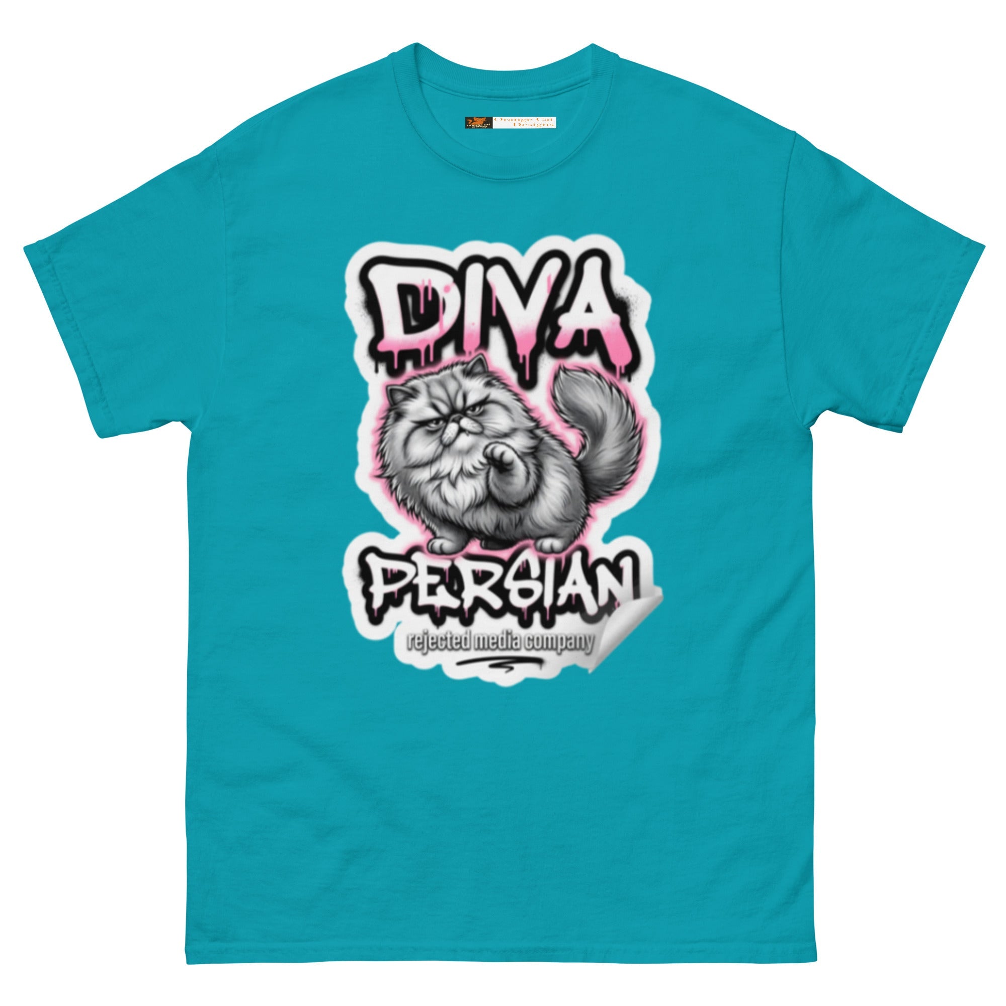 Diva Persian cat tee — fluffed-out Persian cat with an unimpressed face under pink graffiti drip lettering