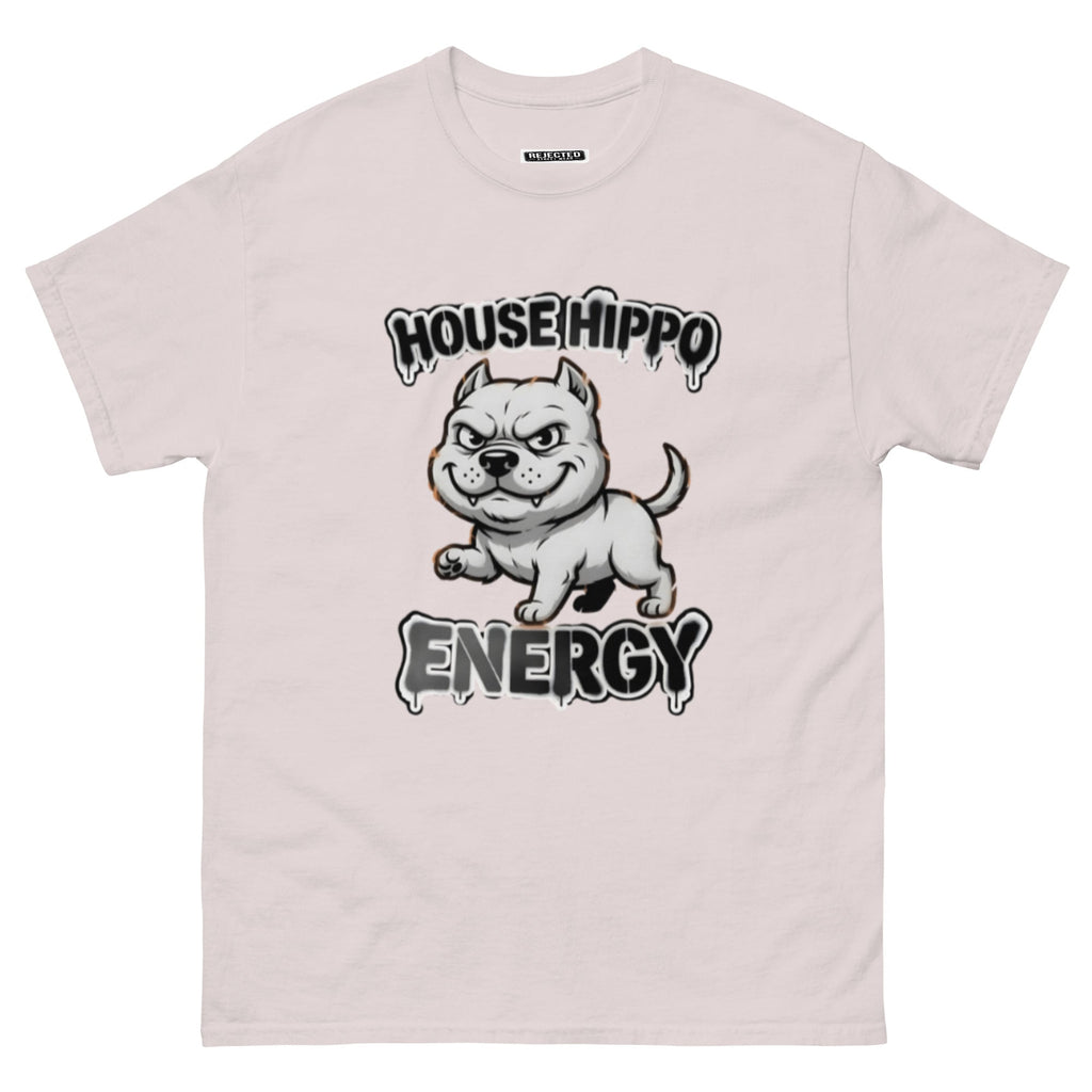 House Hippo Energy tee — stocky bully dog mid-stomp under drippy graffiti lettering