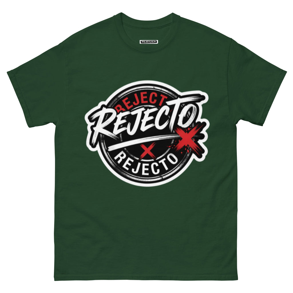 Rejected Street Wear emblem tee — black circle badge with white brush script and a red X slash
