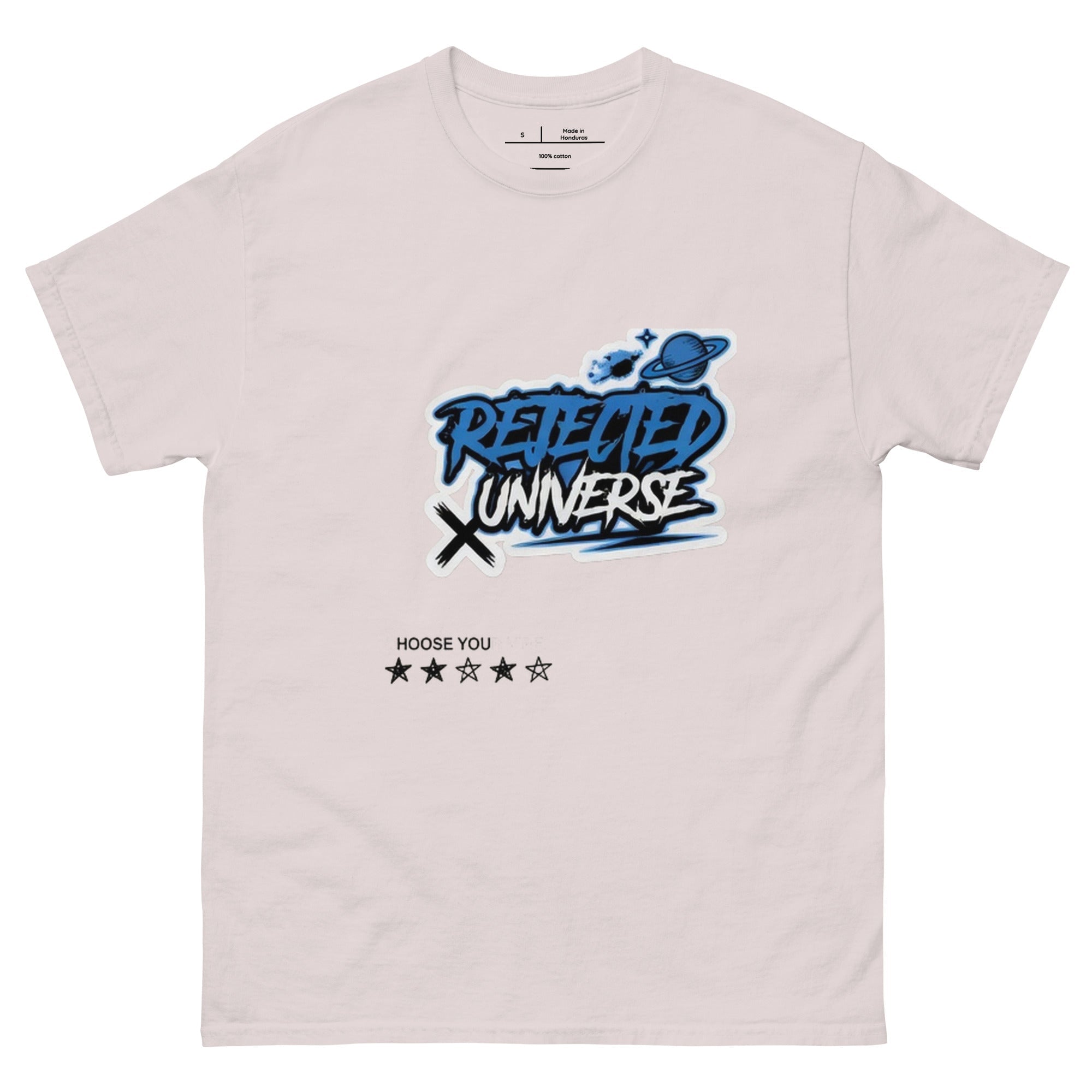 Rejected Universe logo tee in blue — graffiti tag with a planet and trailing stars
