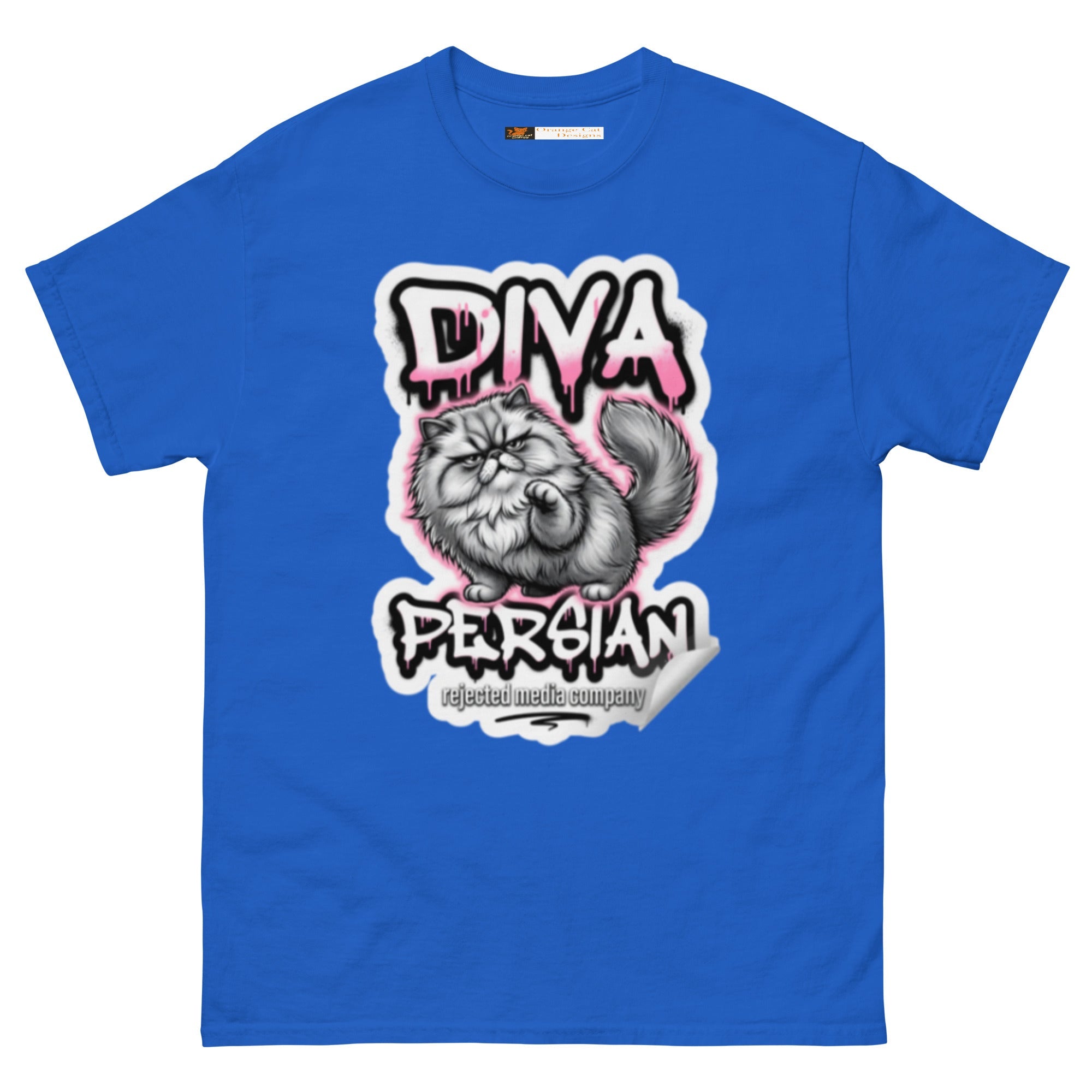 Diva Persian cat tee — fluffed-out Persian cat with an unimpressed face under pink graffiti drip lettering