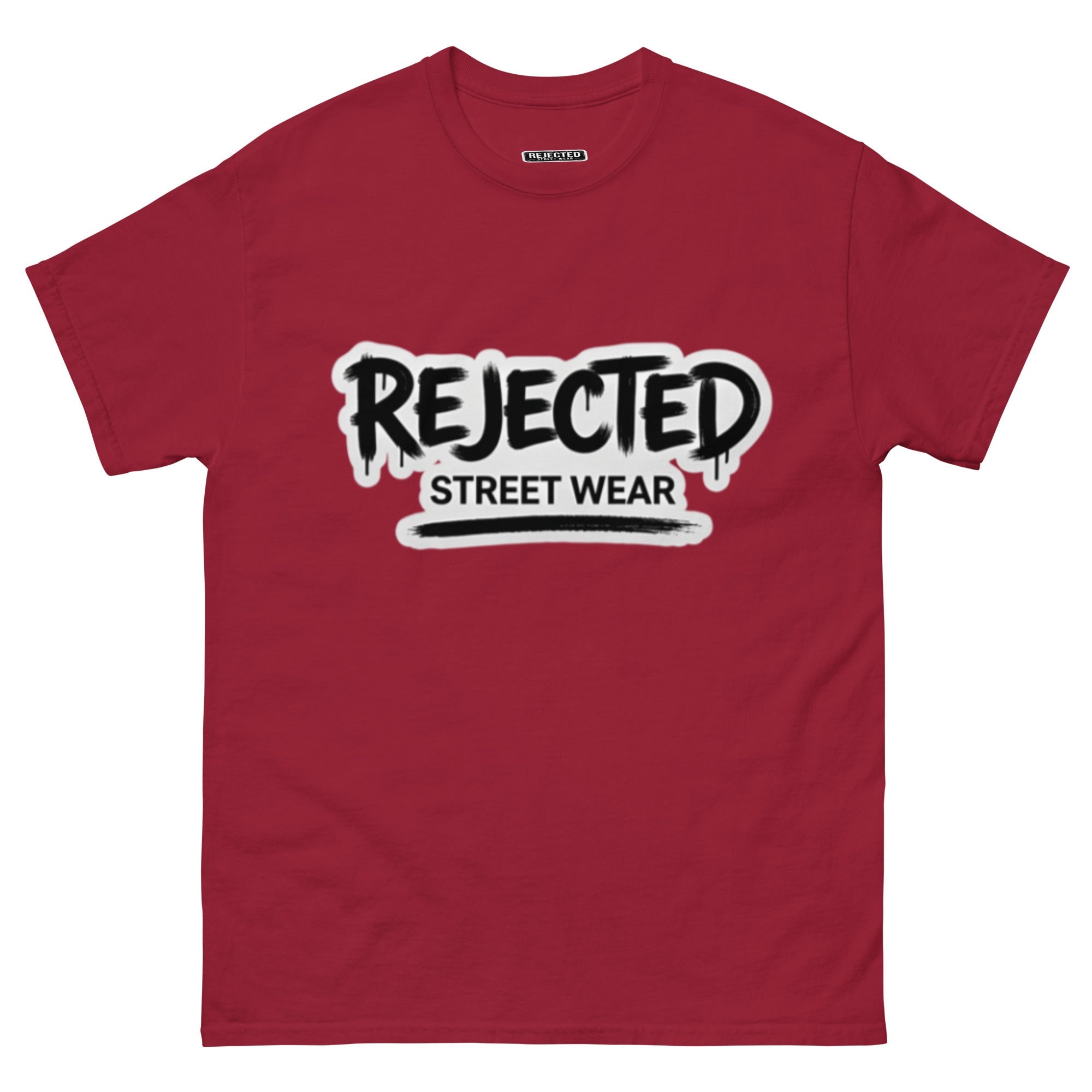 Rejected Street Wear graffiti logo tee — REJECTED in dripping spray-paint script over underlined STREET WEAR