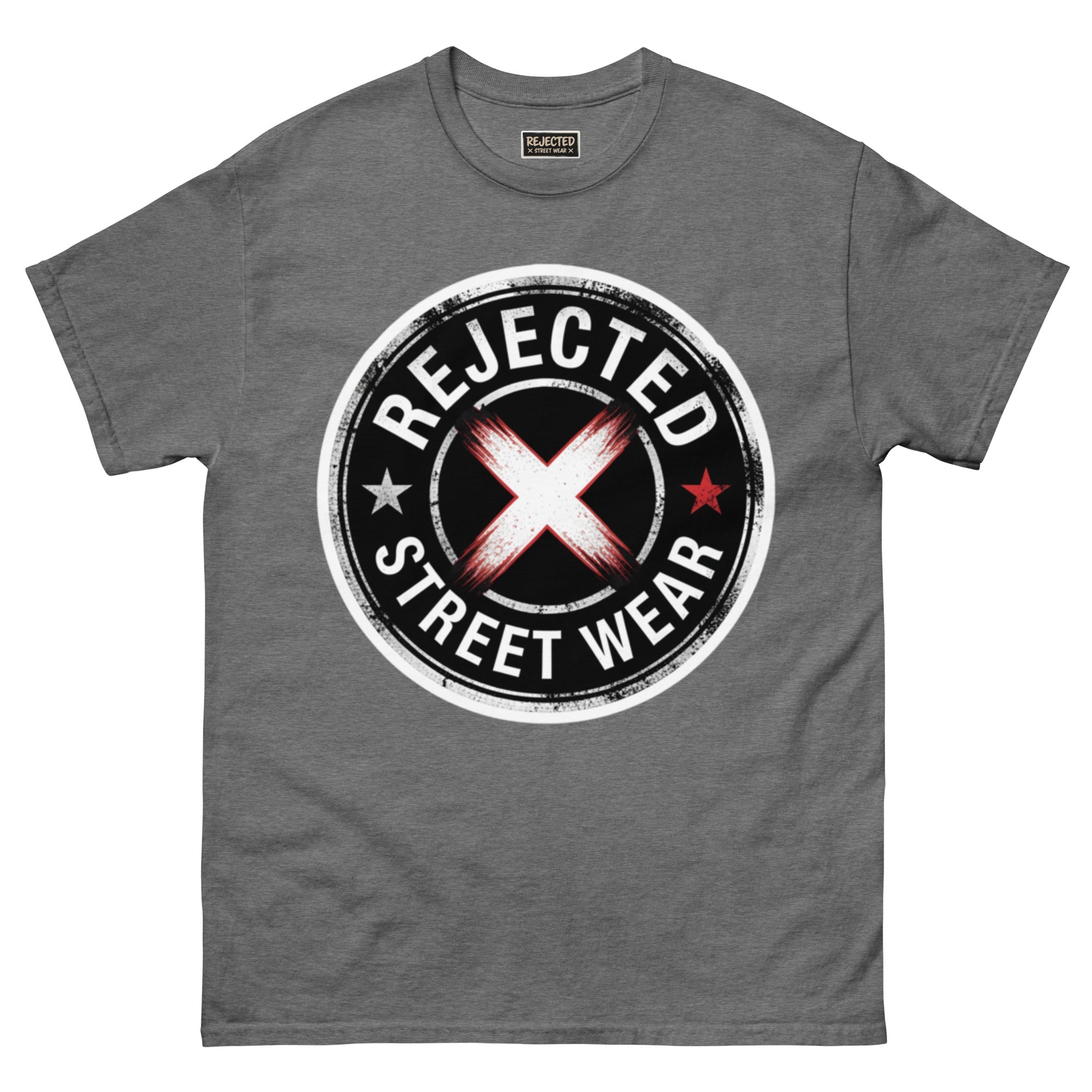 Rejected Street Wear barbed wire seal tee — distressed circular badge with REJECTED arched over a red and white brushed X