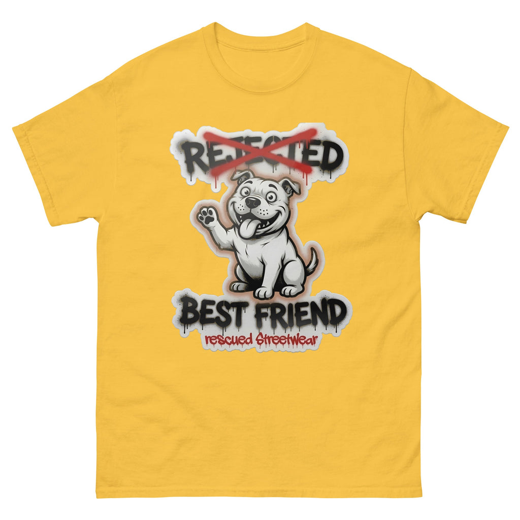 Best Friend pit bull tee — white bully pup waving a paw with REJECTED crossed out in red and BEST FRIEND sprayed below