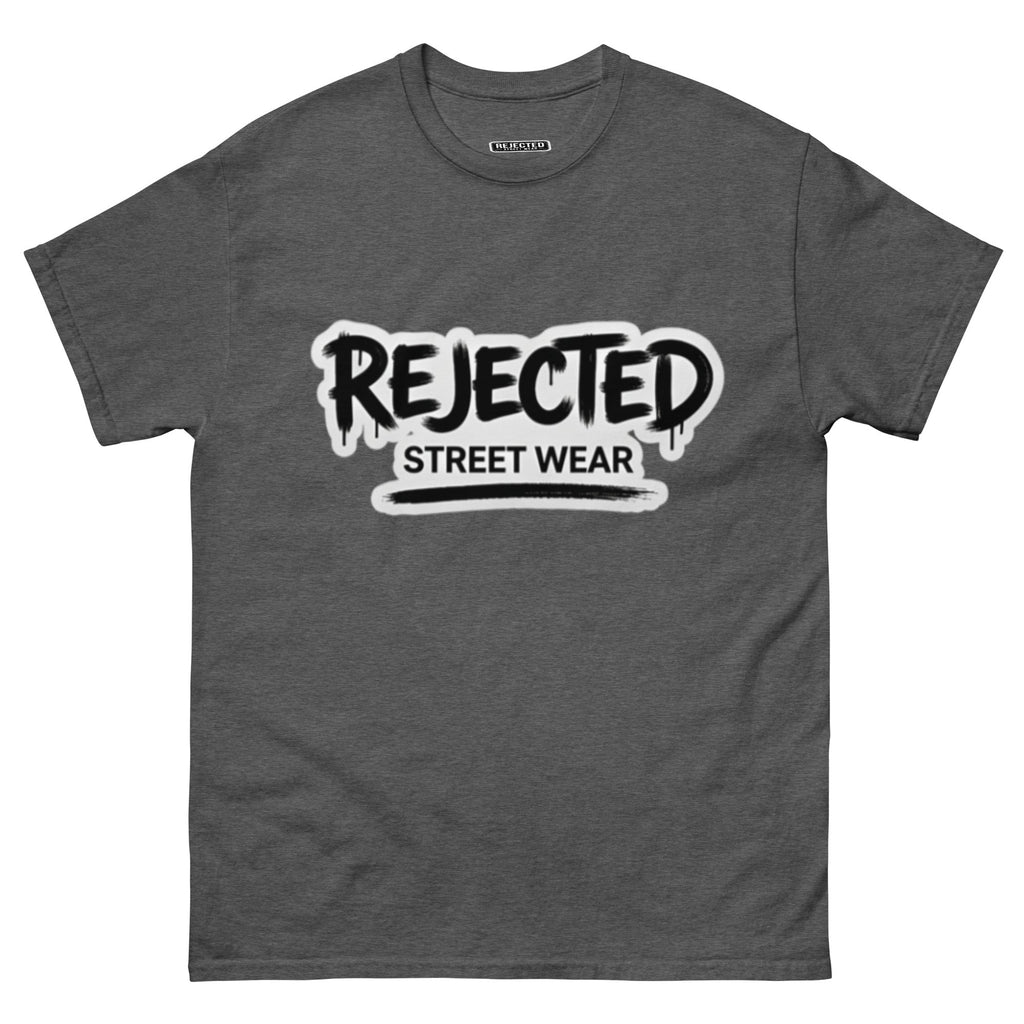 Rejected Street Wear graffiti logo tee — REJECTED in dripping spray-paint script over underlined STREET WEAR