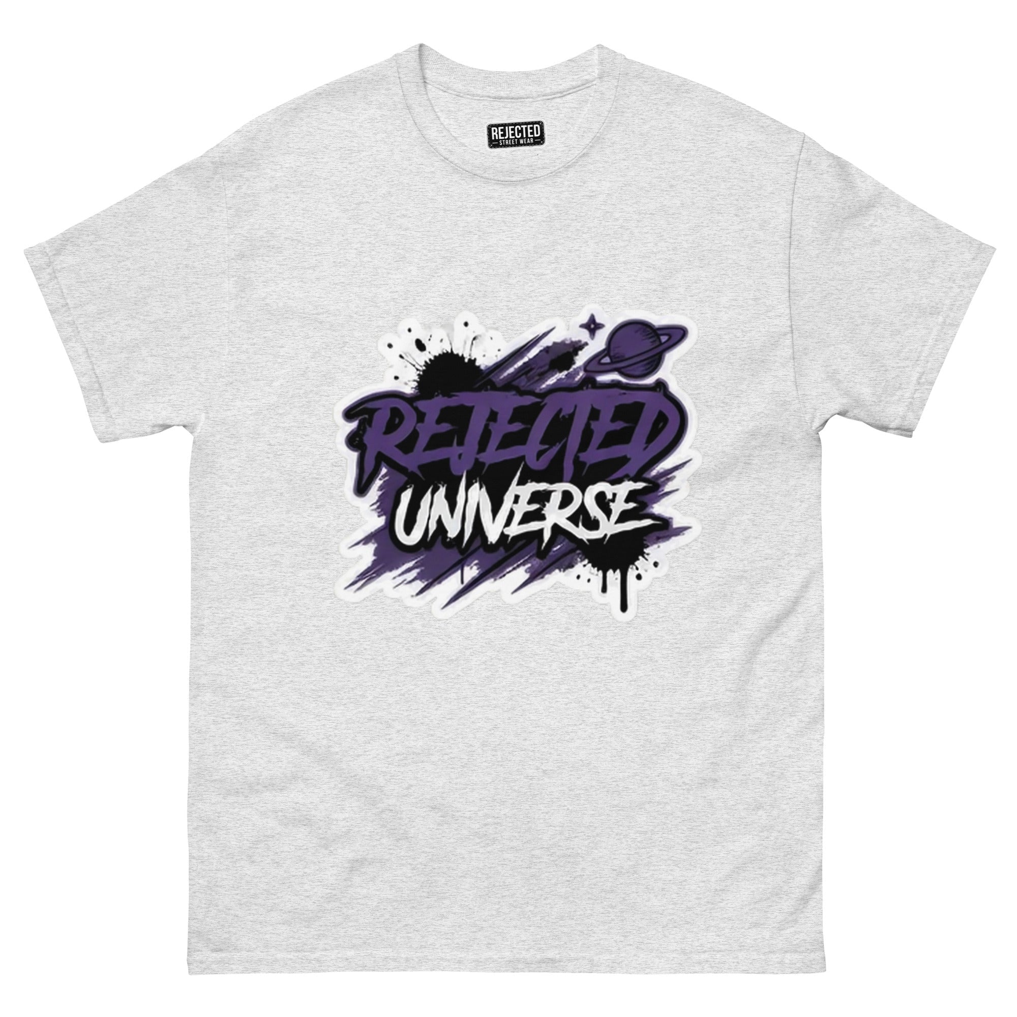 Rejected Universe logo tee in purple — leaning graffiti tag with an orbiting planet and spray splatter