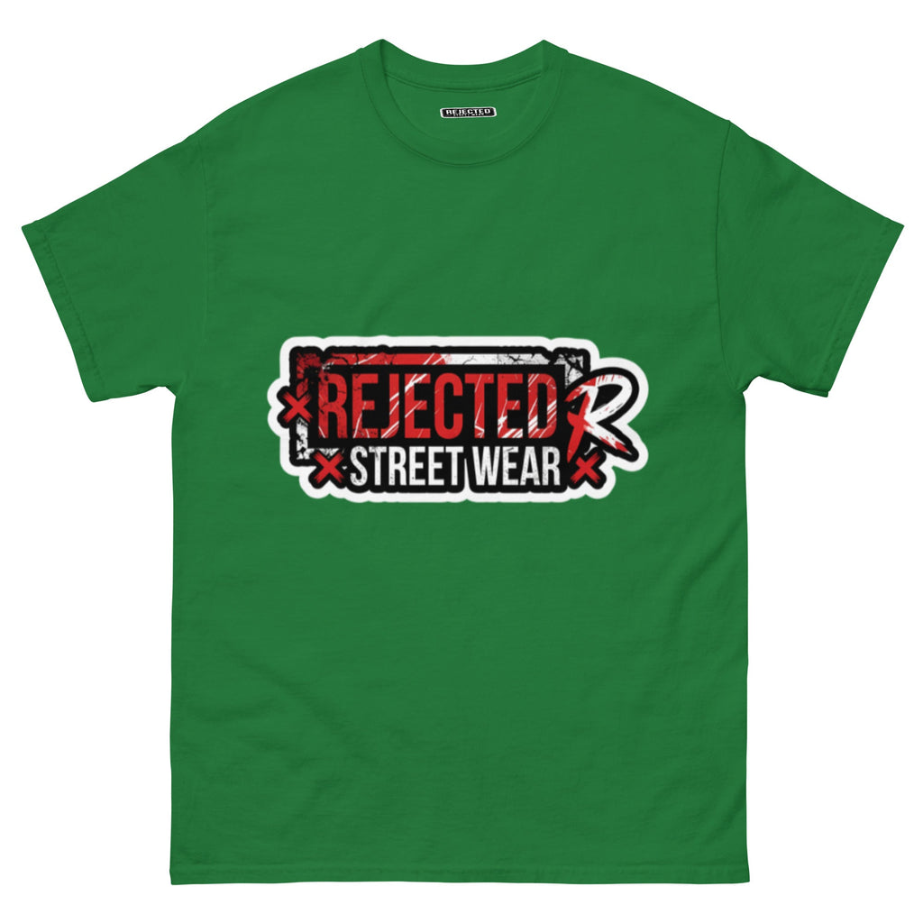 Rejected Street Wear red box logo tee — red-framed REJECTED STREET WEAR stamp with corner x marks and a red slash