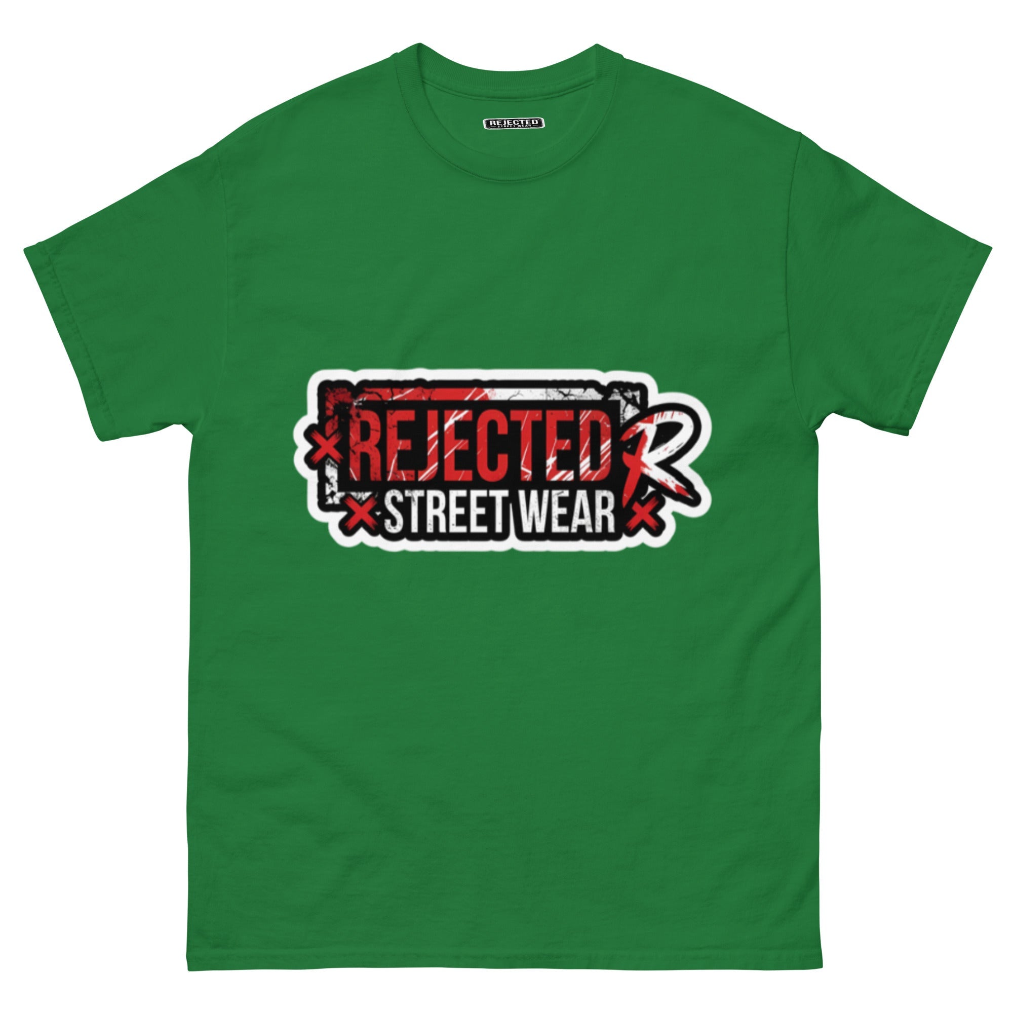 Rejected Street Wear red box logo tee — red-framed REJECTED STREET WEAR stamp with corner x marks and a red slash