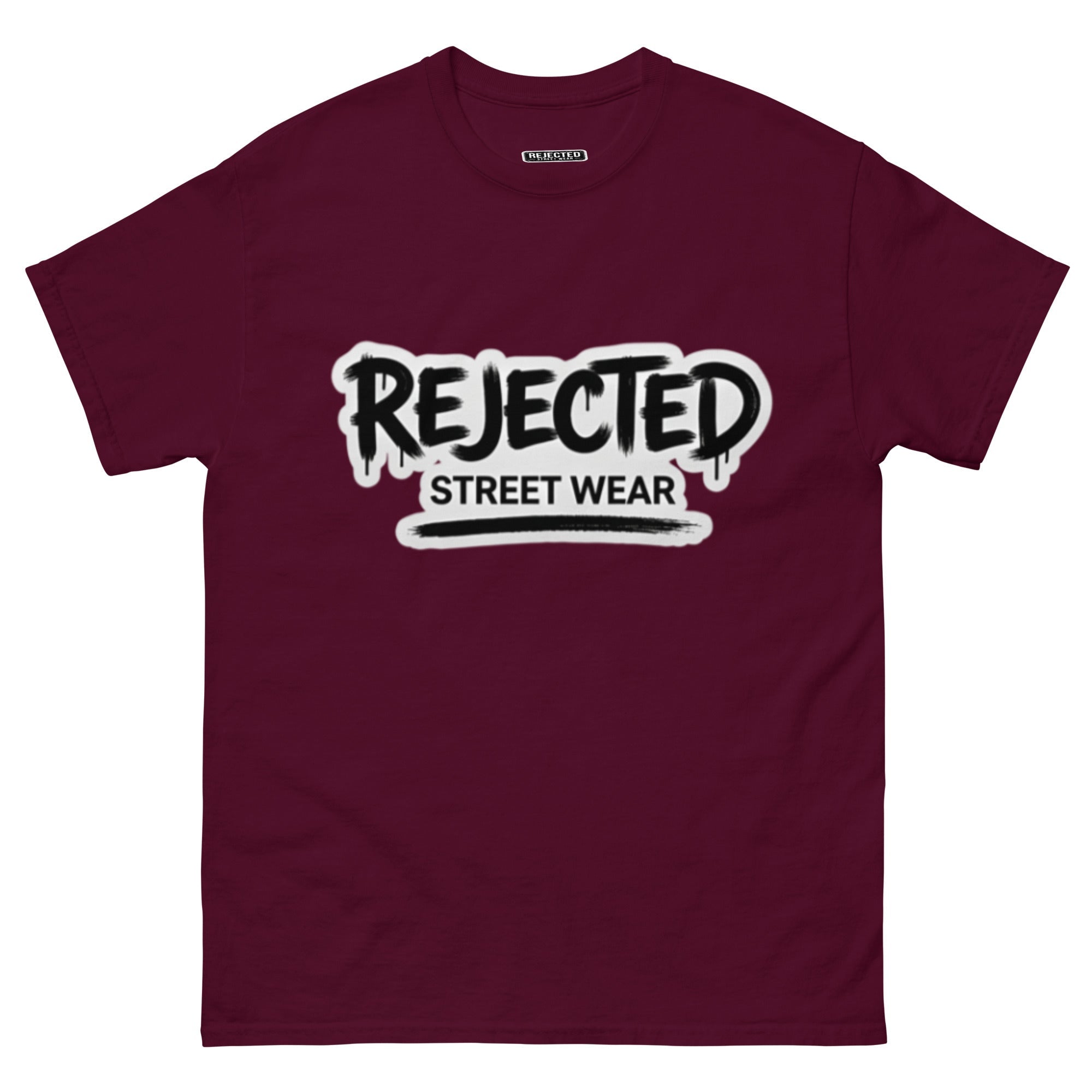 Rejected Street Wear graffiti logo tee — REJECTED in dripping spray-paint script over underlined STREET WEAR