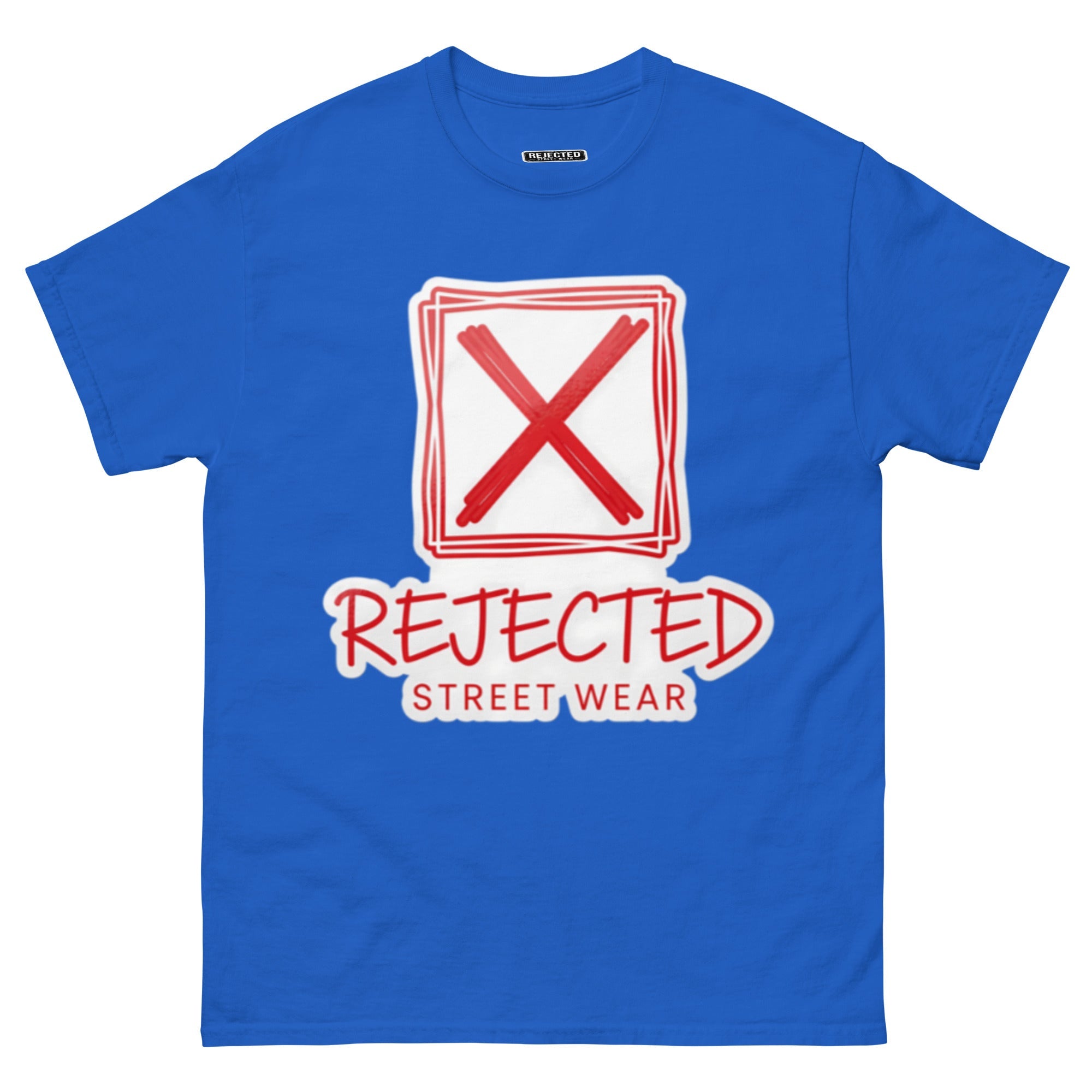 Rejected Street Wear box logo tee — hand-drawn red frame with a brushed X and REJECTED STREET WEAR in red beneath