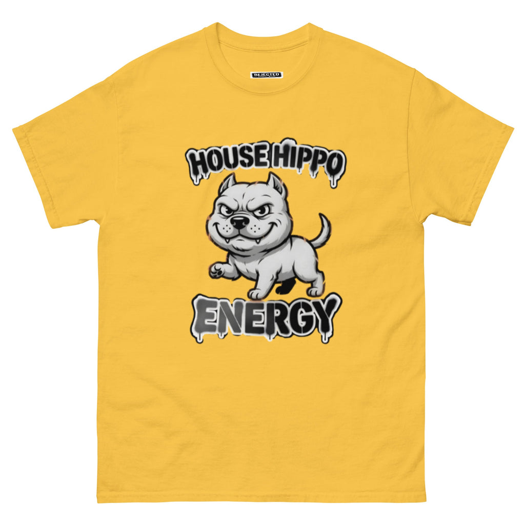 House Hippo Energy tee — stocky bully dog mid-stomp under drippy graffiti lettering