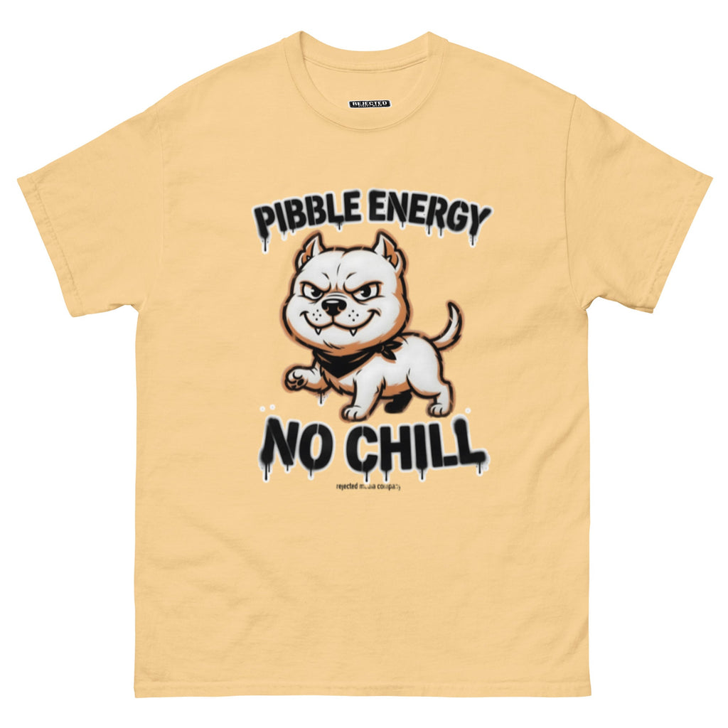 Pibble Energy No Chill tee — grinning bully pup at a dead sprint under graffiti lettering