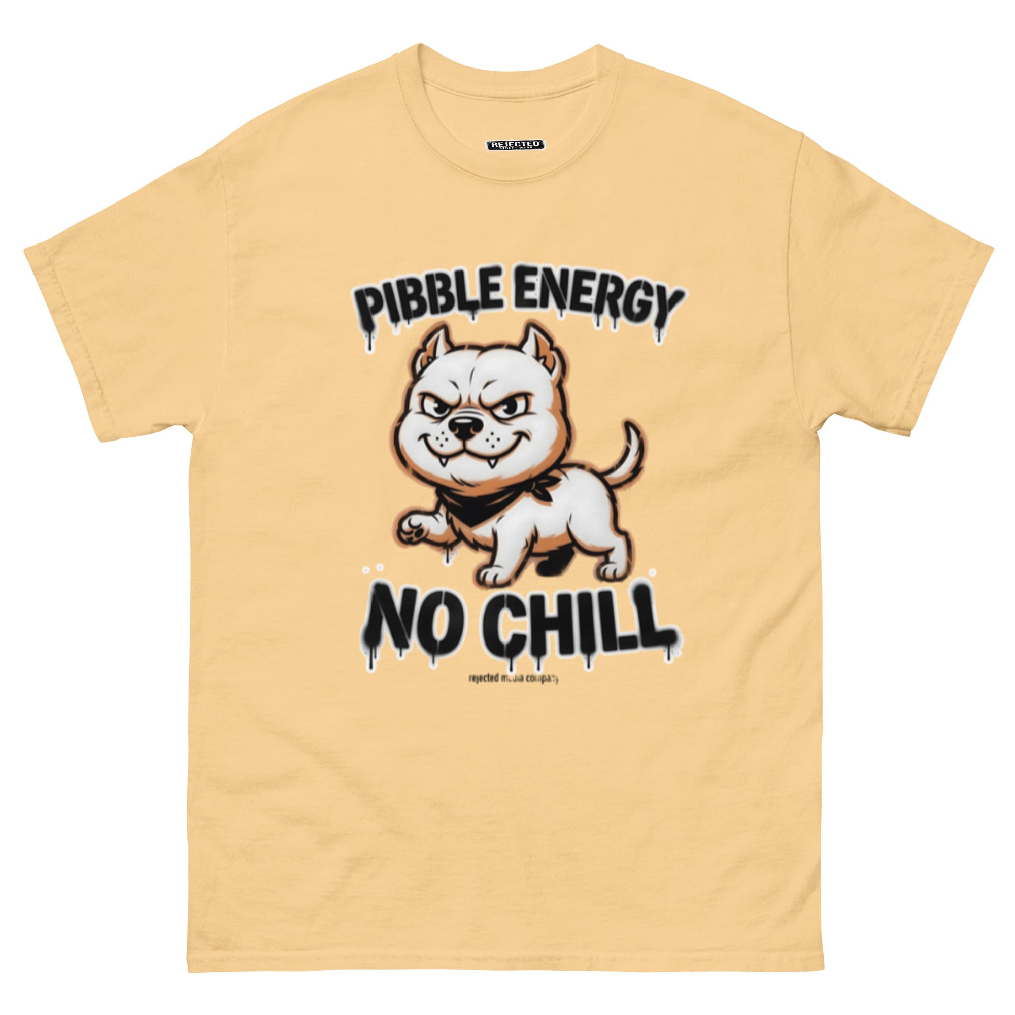Pibble Energy No Chill tee — grinning bully pup at a dead sprint under graffiti lettering
