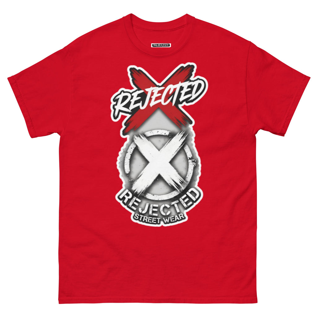 Reject Labels Be Human tee — REJECTED crossed out in red above the X emblem with the word Human underneath
