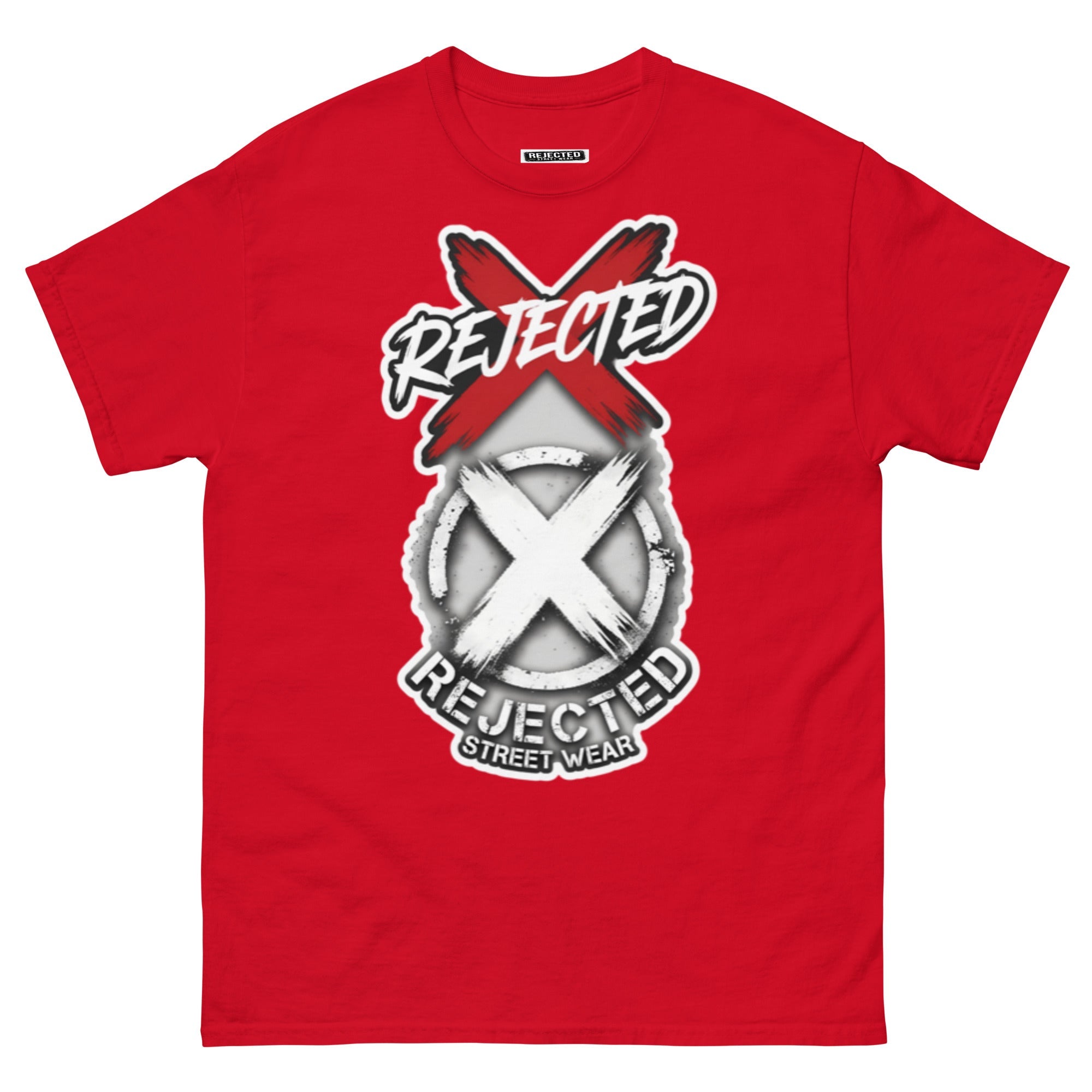 Reject Labels Be Human tee — REJECTED crossed out in red above the X emblem with the word Human underneath