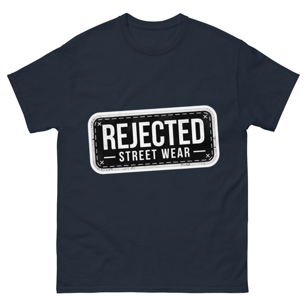 Rejected Street Wear plate logo tee — stamped black plate with a dashed border, corner x marks and REJECTED STREET WEAR inside
