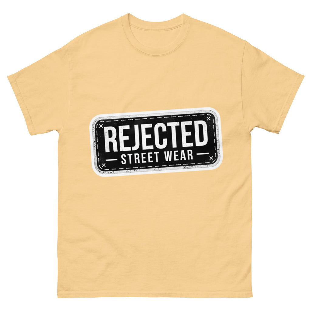 Rejected Street Wear plate logo tee — stamped black plate with a dashed border, corner x marks and REJECTED STREET WEAR inside