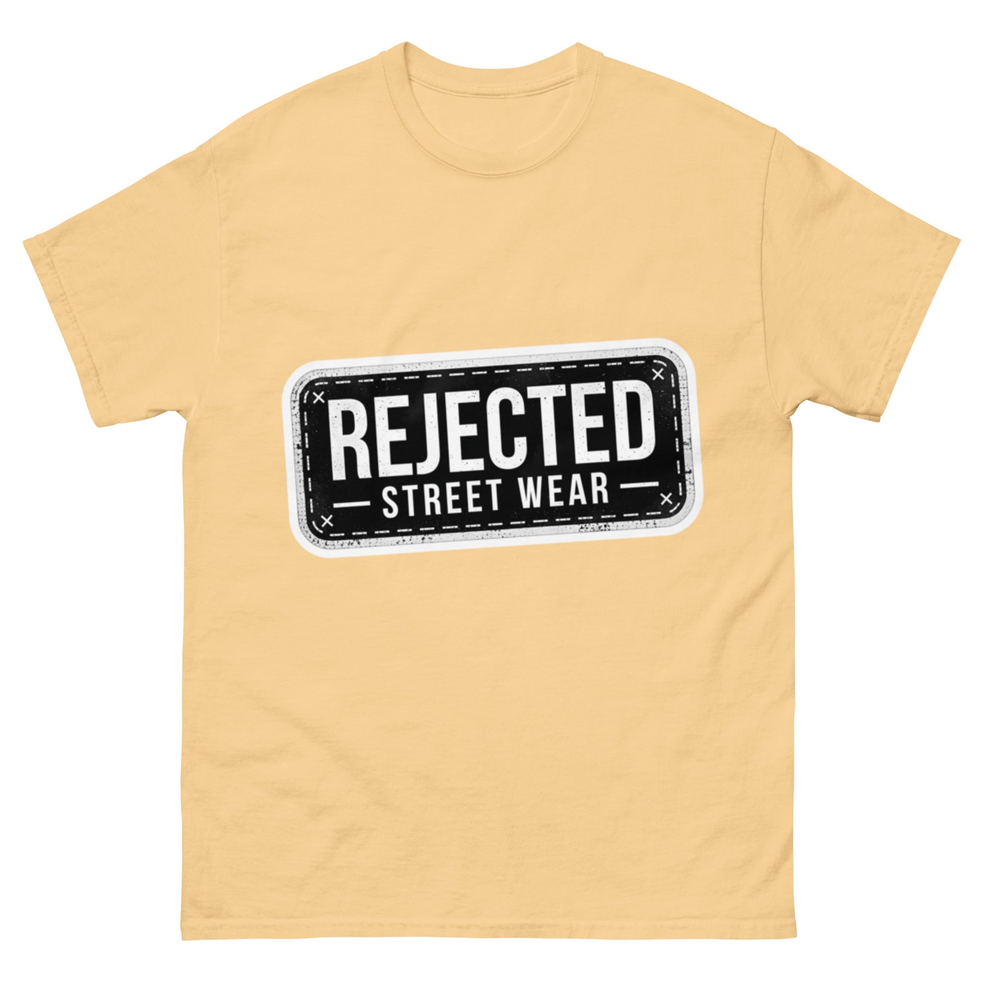 Rejected Street Wear plate logo tee — stamped black plate with a dashed border, corner x marks and REJECTED STREET WEAR inside