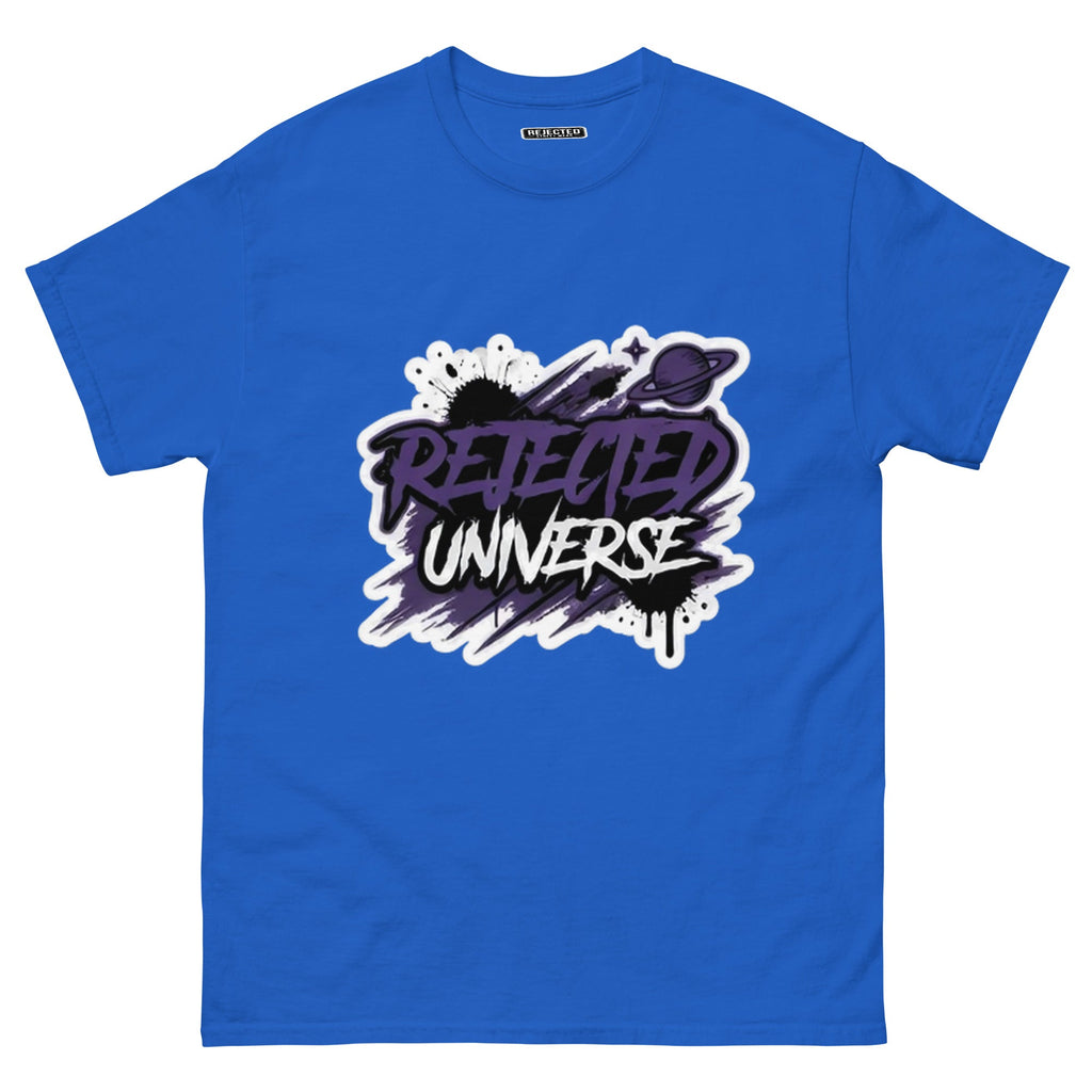 Rejected Universe logo tee in purple — leaning graffiti tag with an orbiting planet and spray splatter