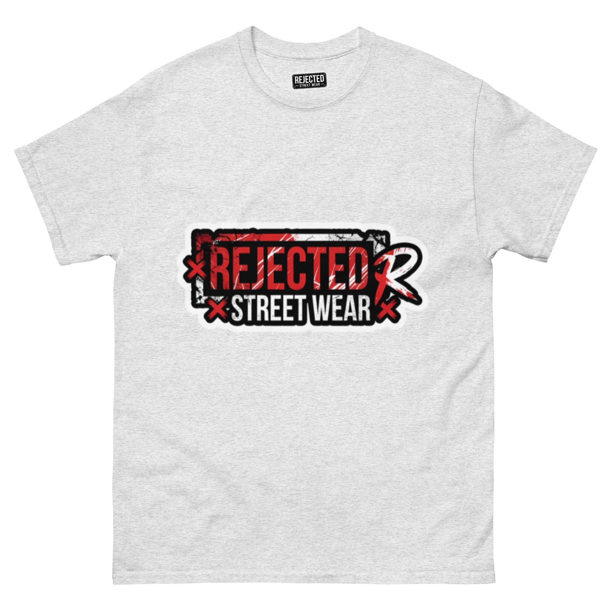 Rejected Street Wear red box logo tee — red-framed REJECTED STREET WEAR stamp with corner x marks and a red slash