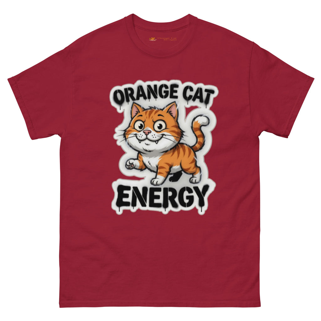 Orange Cat Energy tee — wide-eyed orange tabby mid-launch under drippy graffiti lettering