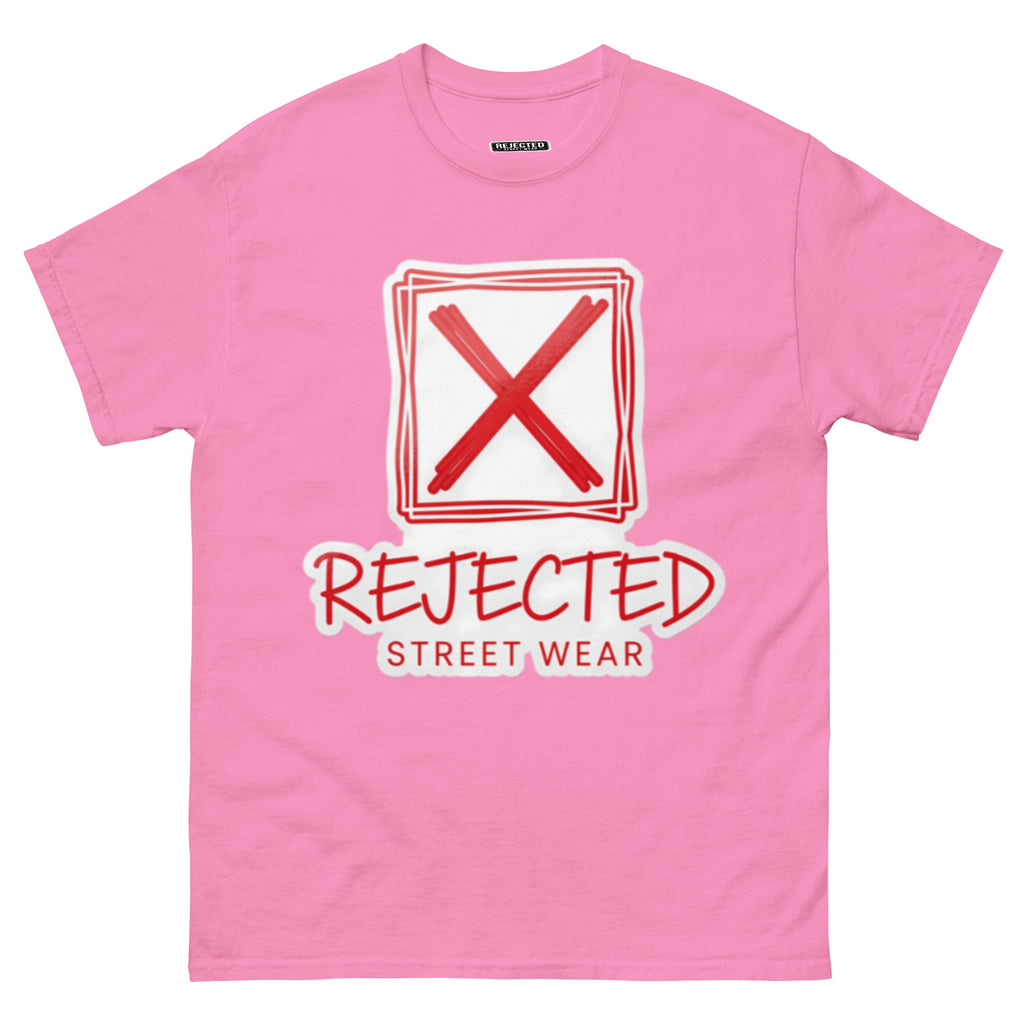 Rejected Street Wear box logo tee — hand-drawn red frame with a brushed X and REJECTED STREET WEAR in red beneath
