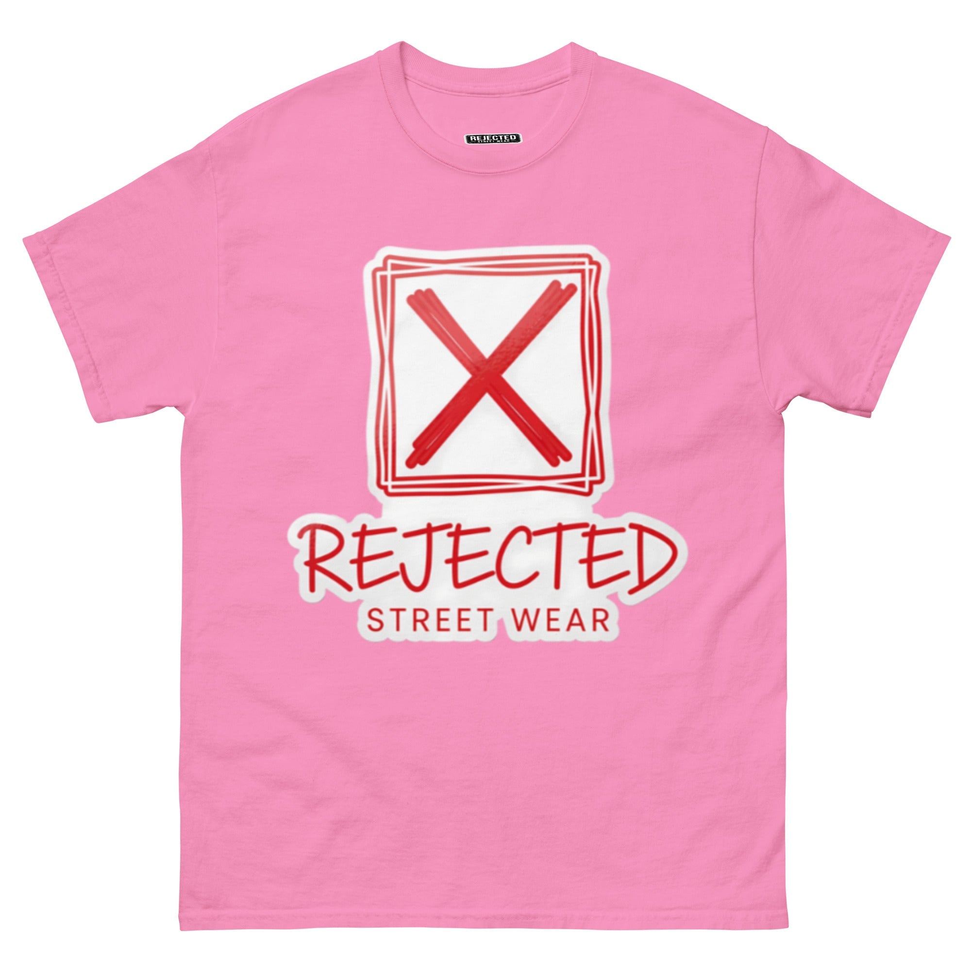 Rejected Street Wear box logo tee — hand-drawn red frame with a brushed X and REJECTED STREET WEAR in red beneath