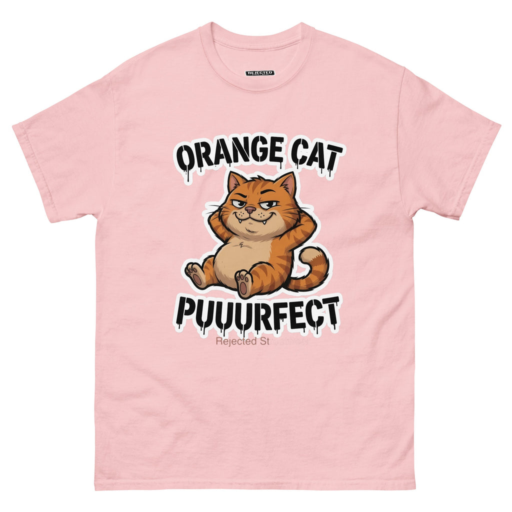 Orange Cat Puuurfect tee — chunky reclined orange tabby under arched drippy graffiti lettering
