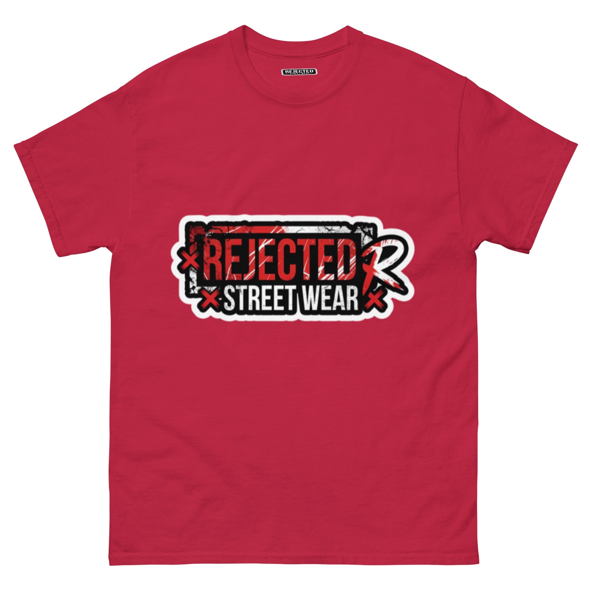 Rejected Street Wear red box logo tee — red-framed REJECTED STREET WEAR stamp with corner x marks and a red slash