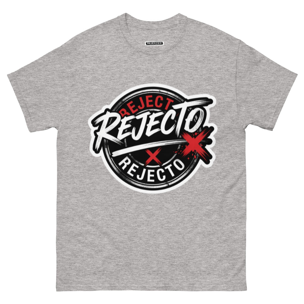 Rejected Street Wear emblem tee — black circle badge with white brush script and a red X slash