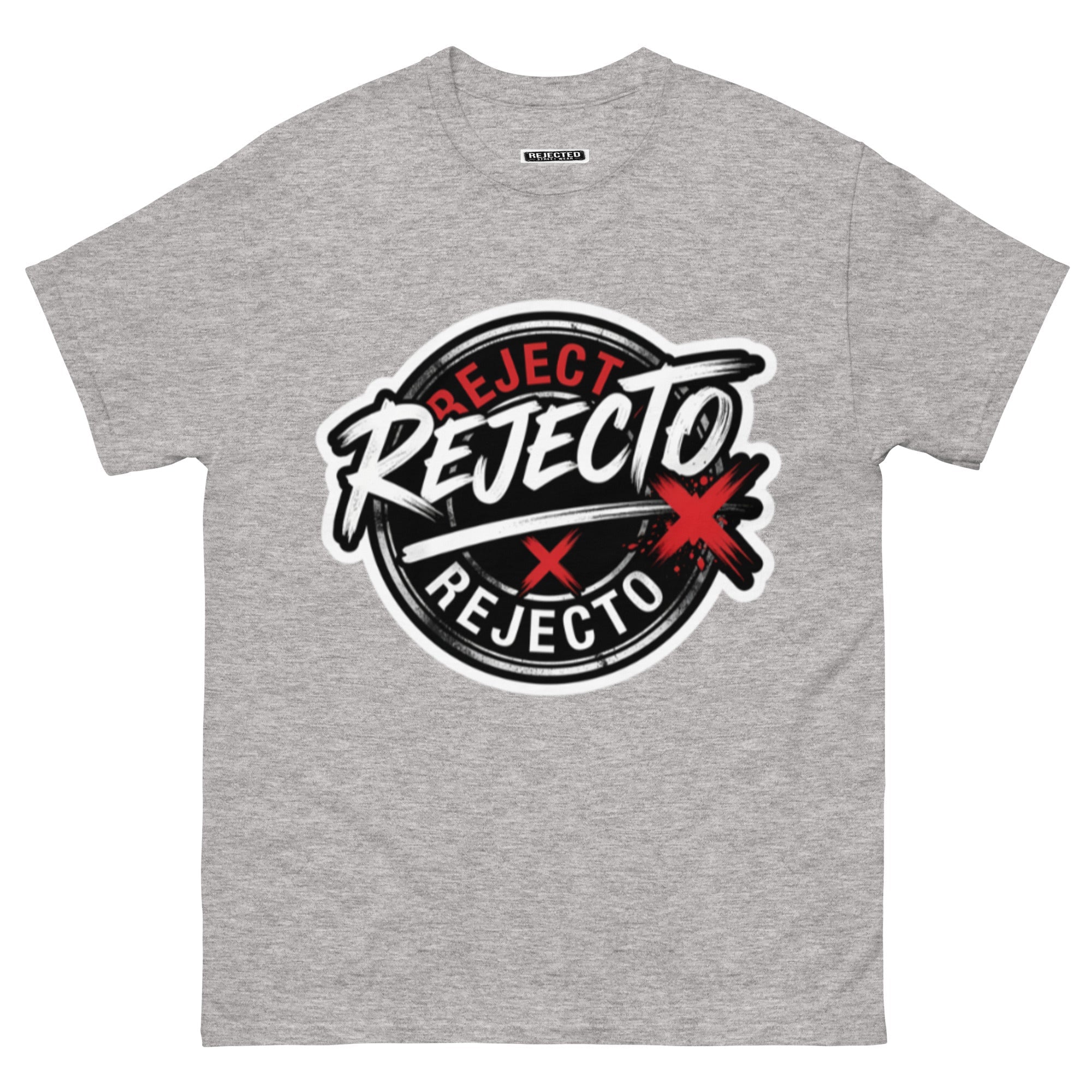Rejected Street Wear emblem tee — black circle badge with white brush script and a red X slash