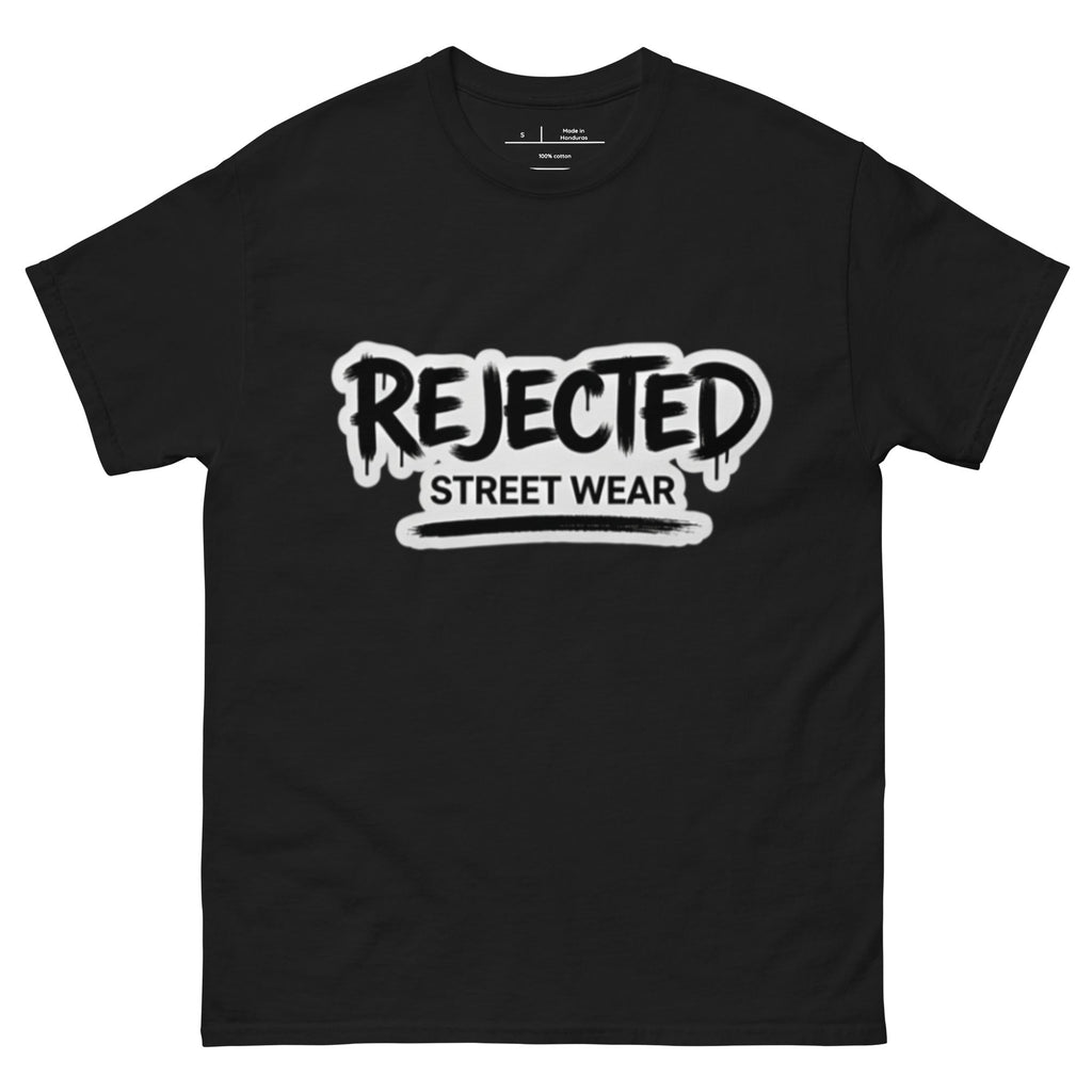 Rejected Street Wear graffiti logo tee — REJECTED in dripping spray-paint script over underlined STREET WEAR