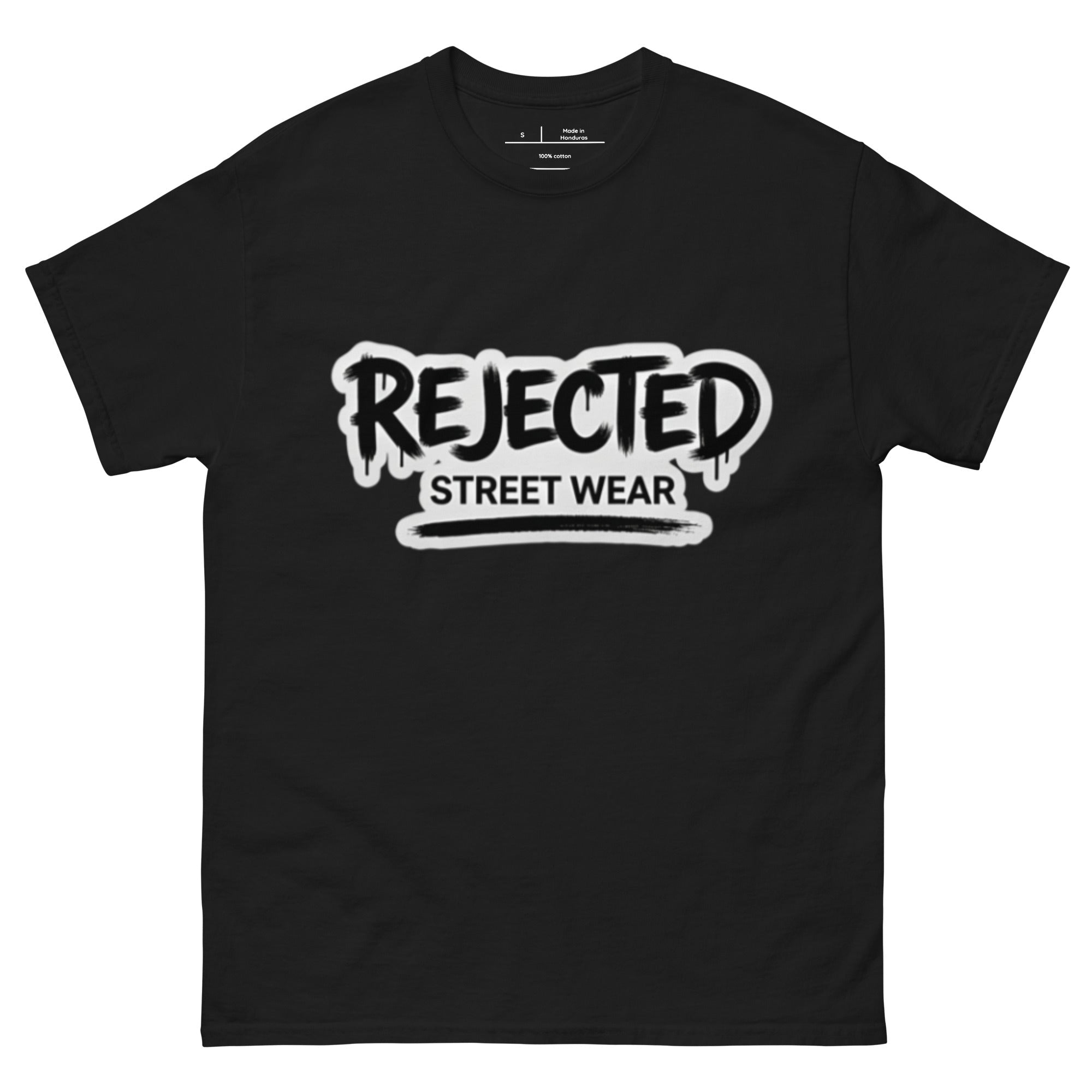Rejected Street Wear graffiti logo tee — REJECTED in dripping spray-paint script over underlined STREET WEAR