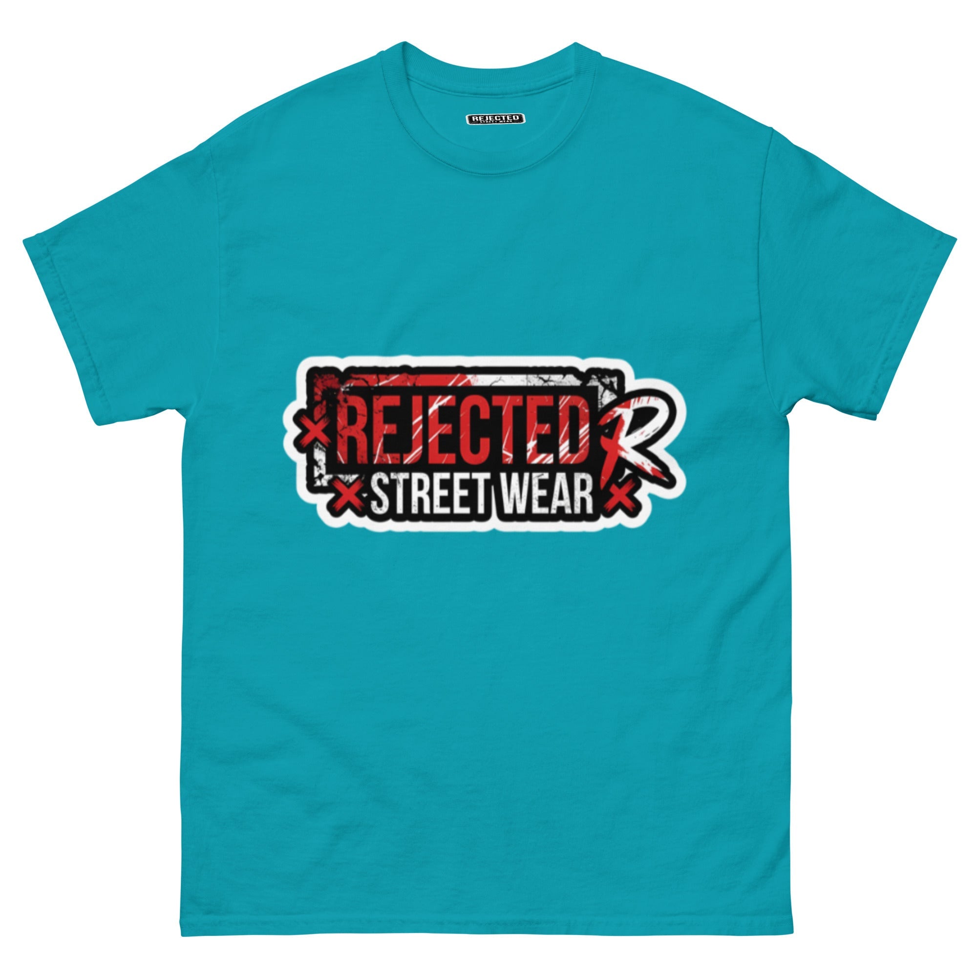 Rejected Street Wear red box logo tee — red-framed REJECTED STREET WEAR stamp with corner x marks and a red slash