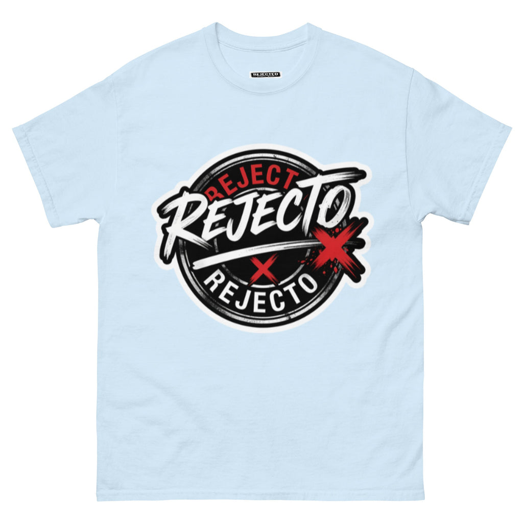 Rejected Street Wear emblem tee — black circle badge with white brush script and a red X slash