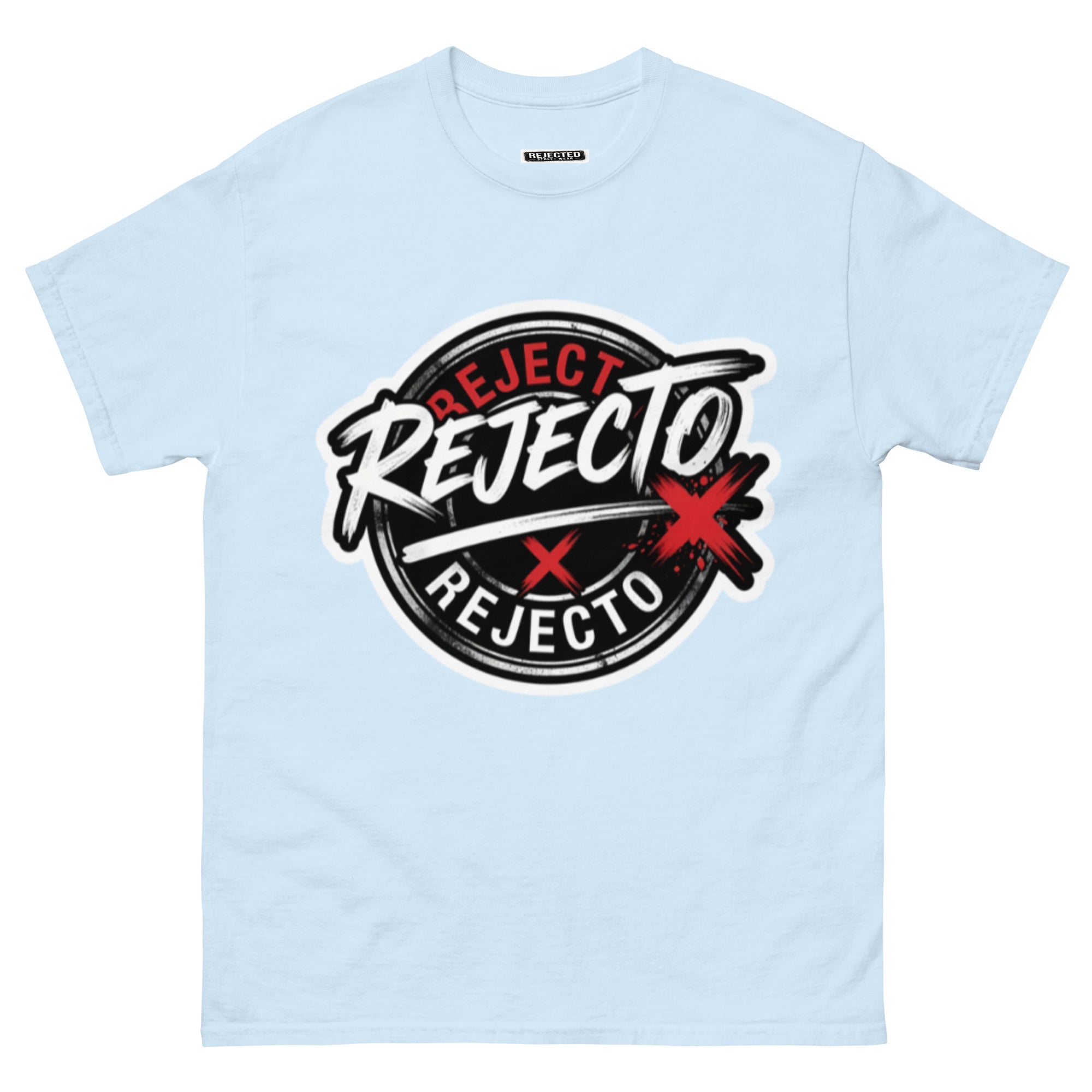 Rejected Street Wear emblem tee — black circle badge with white brush script and a red X slash