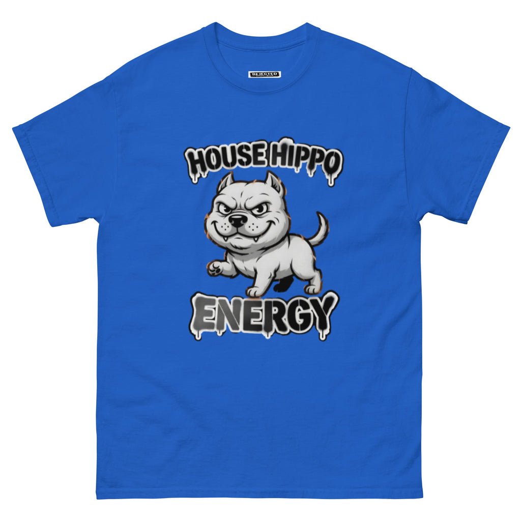 House Hippo Energy tee — stocky bully dog mid-stomp under drippy graffiti lettering