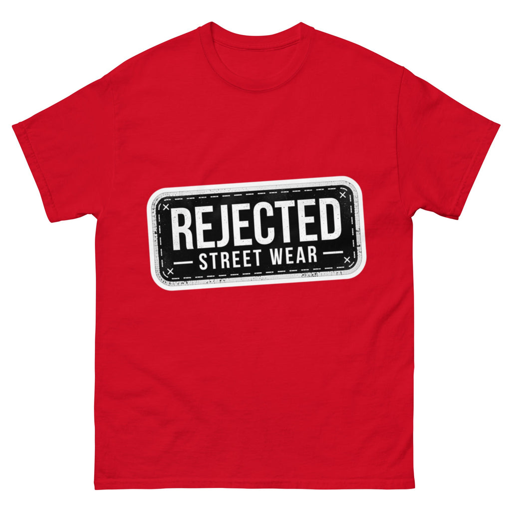 Rejected Street Wear plate logo tee — stamped black plate with a dashed border, corner x marks and REJECTED STREET WEAR inside