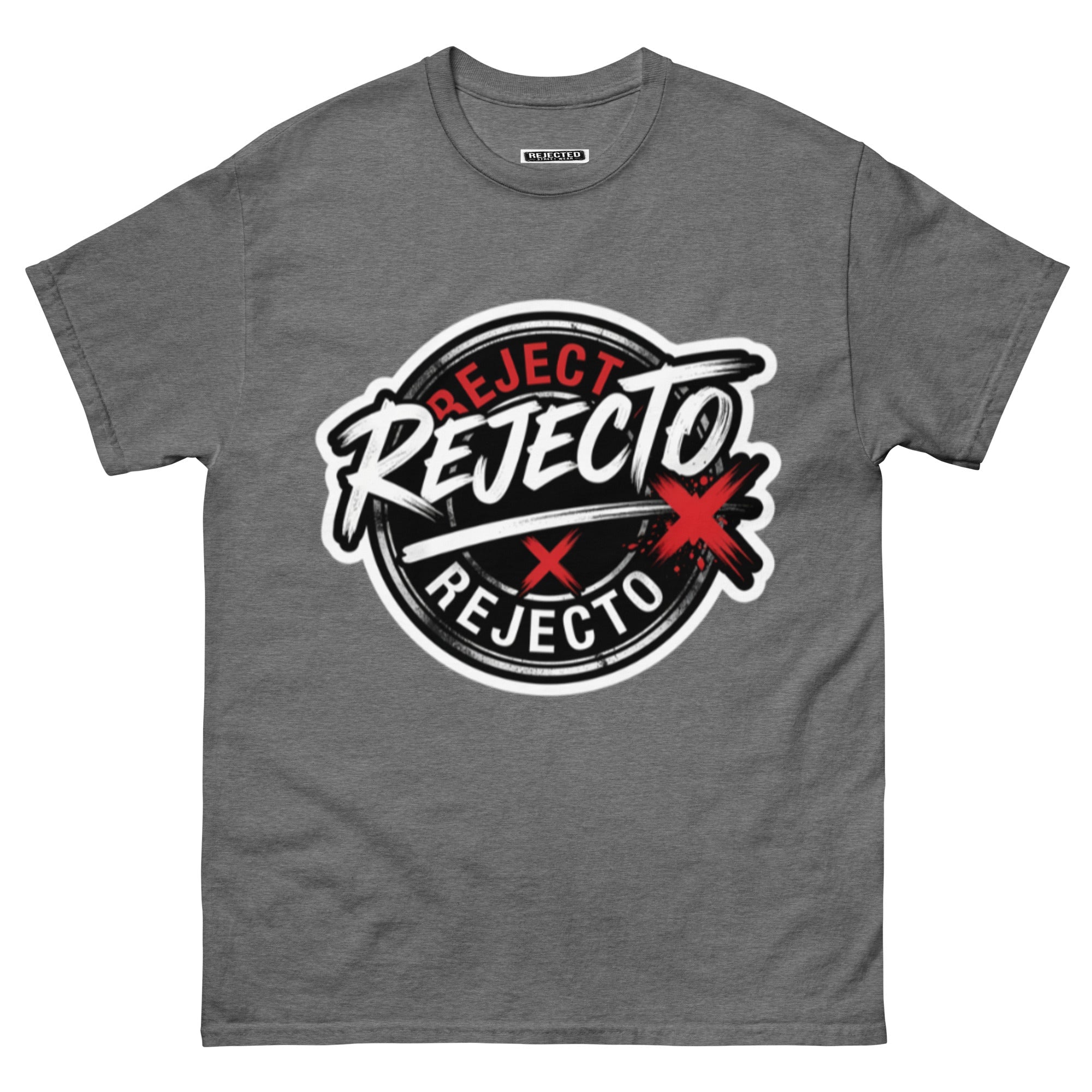 Rejected Street Wear emblem tee — black circle badge with white brush script and a red X slash